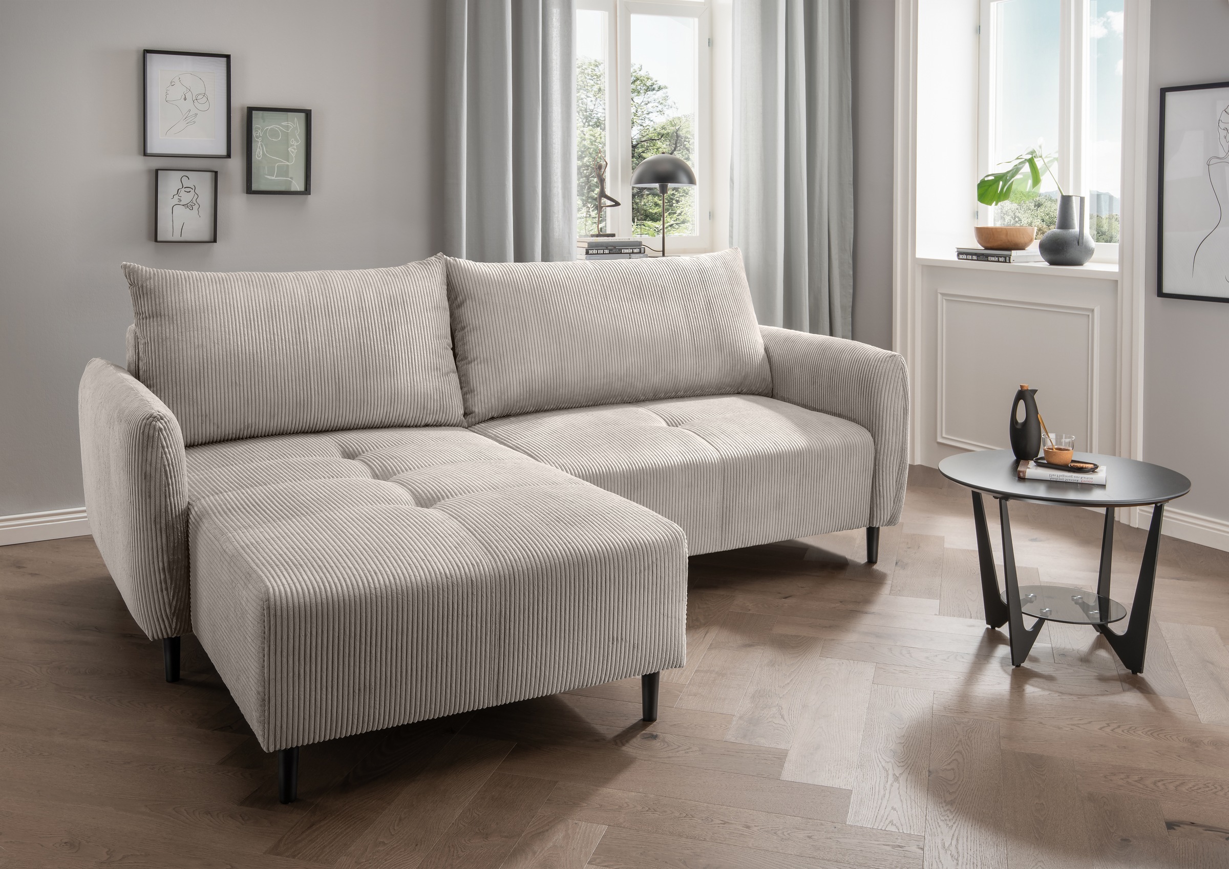 INOSIGN Ecksofa »Mara, L-Form, aktueller Cord Bezug und tolle Farben, schmale Armlehnen«, whlw. mit Bettfunktion,Recamiere links/rechts montierbar, Breite 238cm