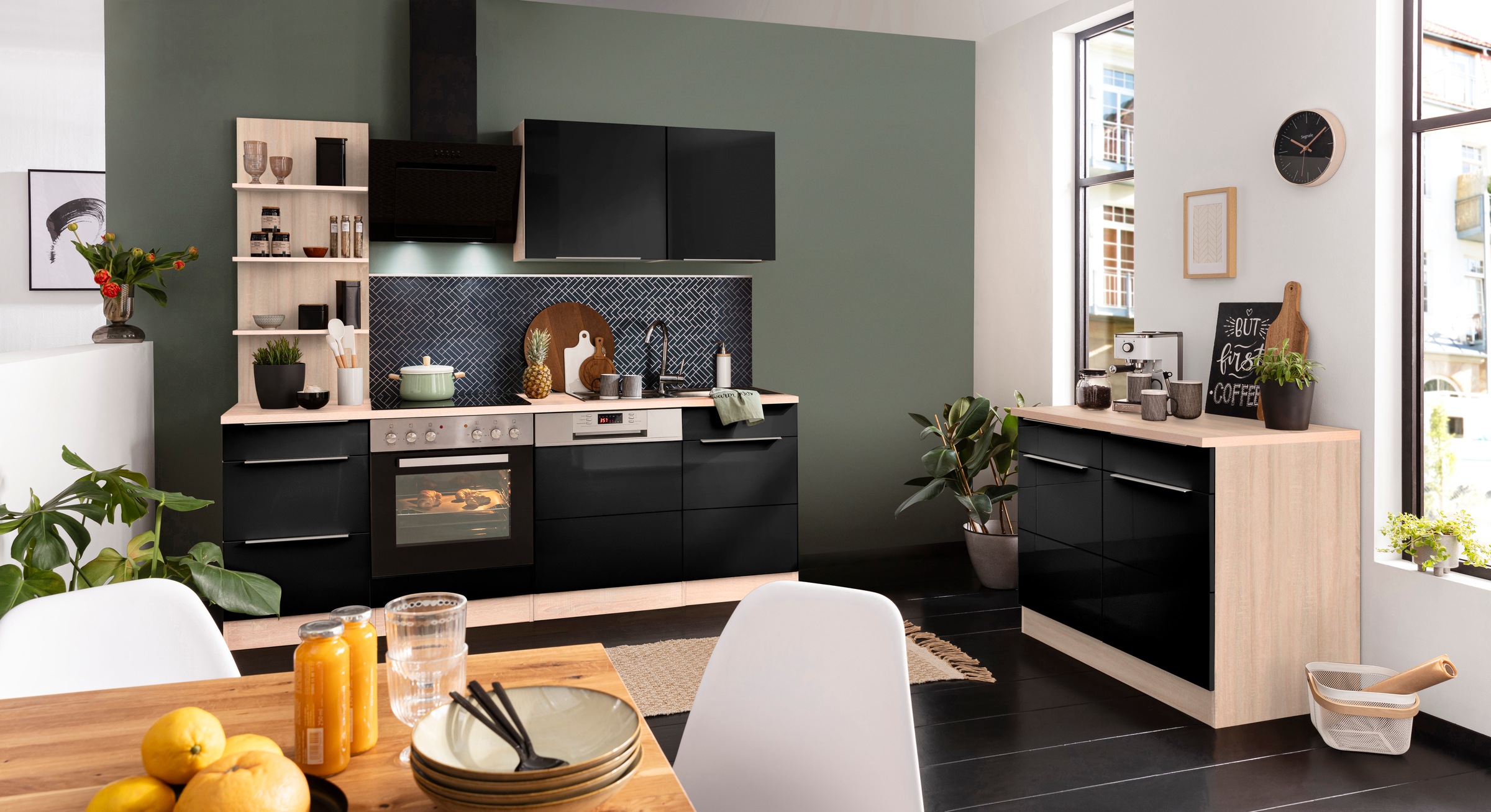 KOCHSTATION Küchenzeile »KS-Brindisi«, Breite 220 cm, wahlweise mit E-Geräten, mit MDF-Fronten und Regal