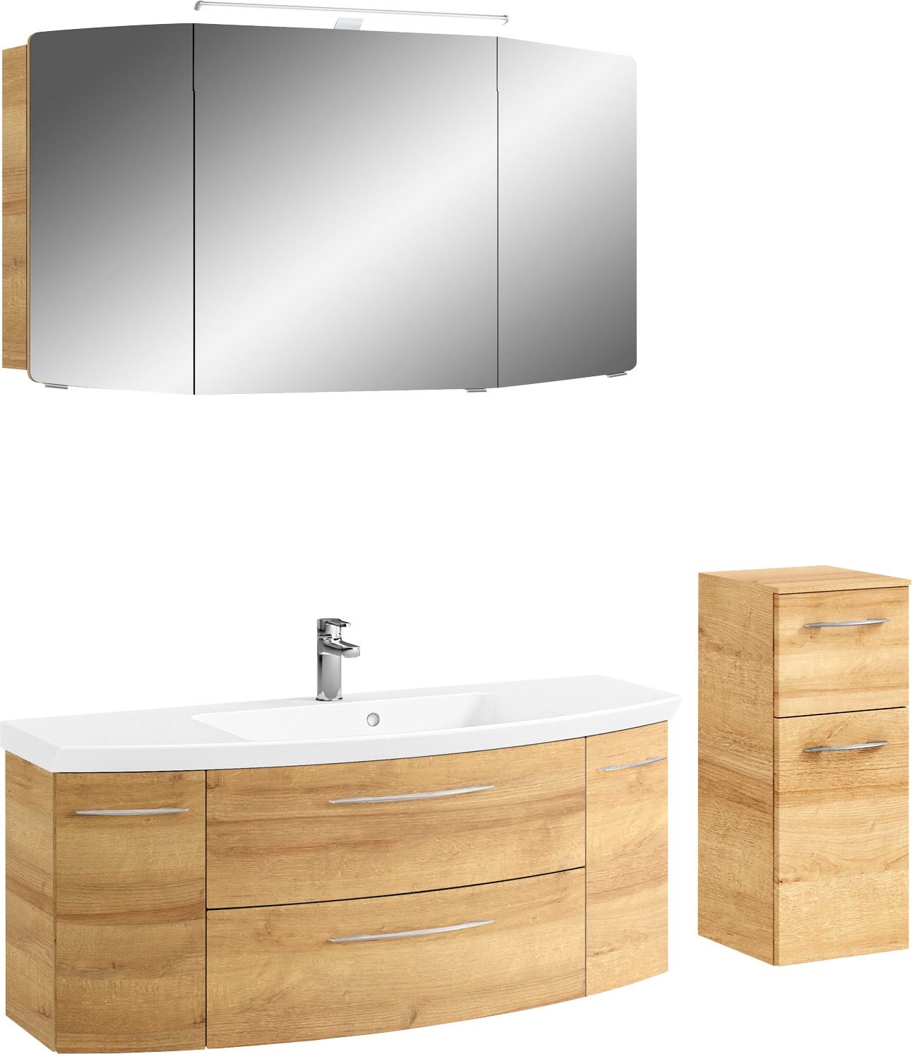 Saphir Badmöbel-Set »Cassca Sprint 3-teilig Mineralmarmor-Waschtisch mit LED-Spiegelschrank«, (4 St.), Unterschrank, inkl. Türdämpfer, 6 Türen, 3 Schubladen