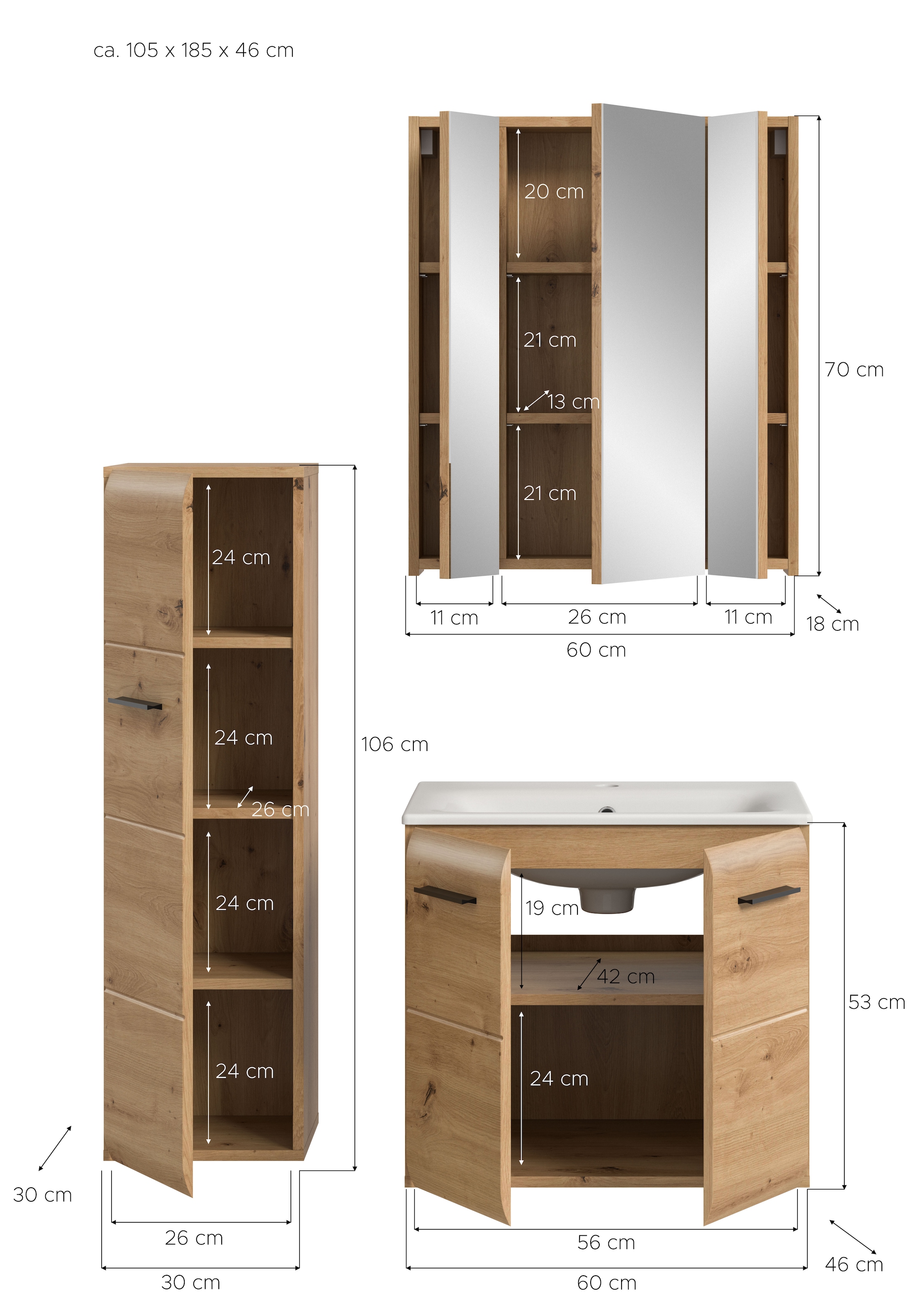 INOSIGN Badezimmer-Set, (Set, 4 St.), Florenz, Badkombination 4-tlg.,Artisan Oak NB, inkl. Waschbecken