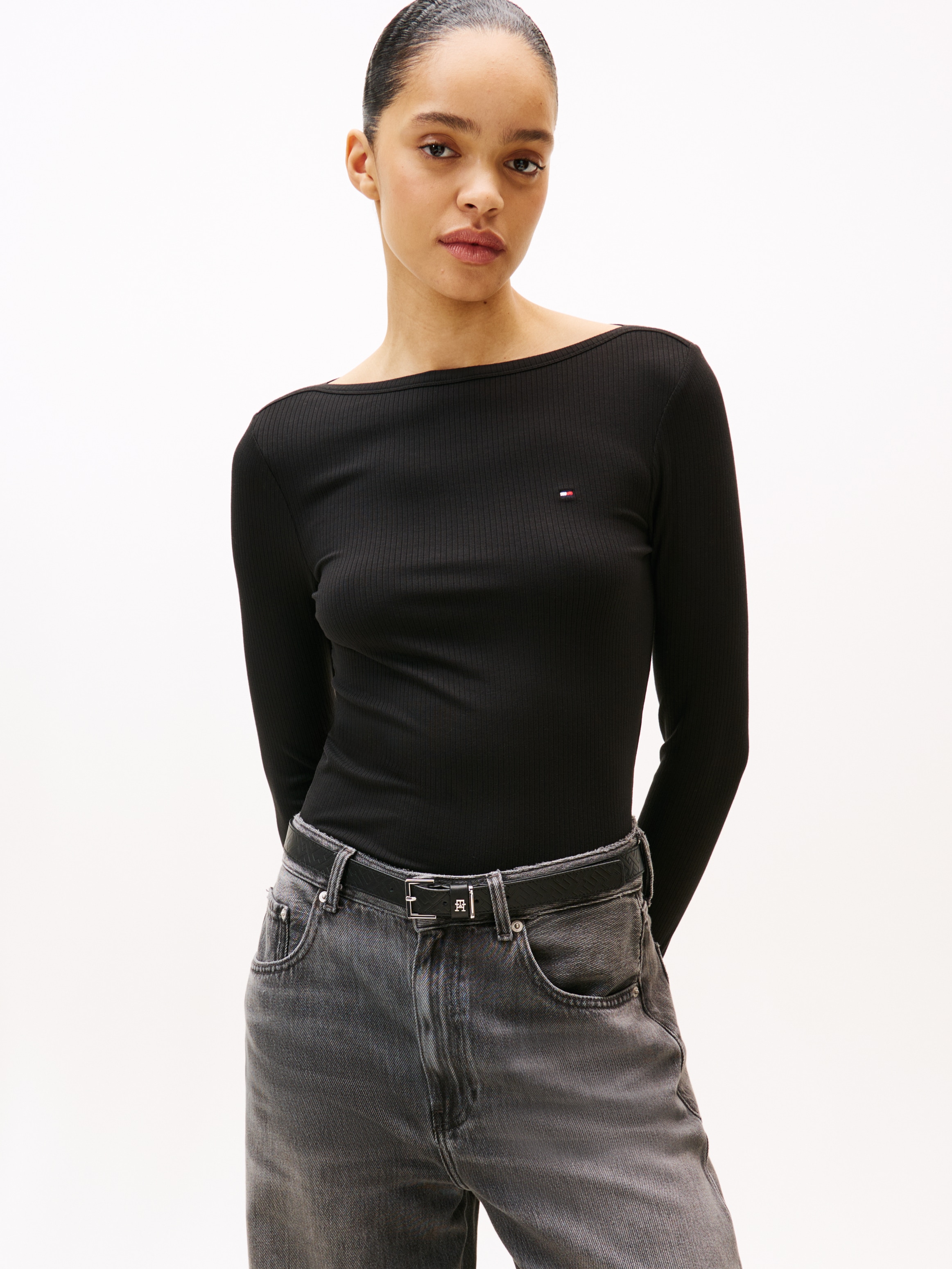 Tommy Hilfiger Langarmshirt "SLIM 5X2 RIB BOAT-NK LS mit U-Boot Ausschnitt günstig online kaufen