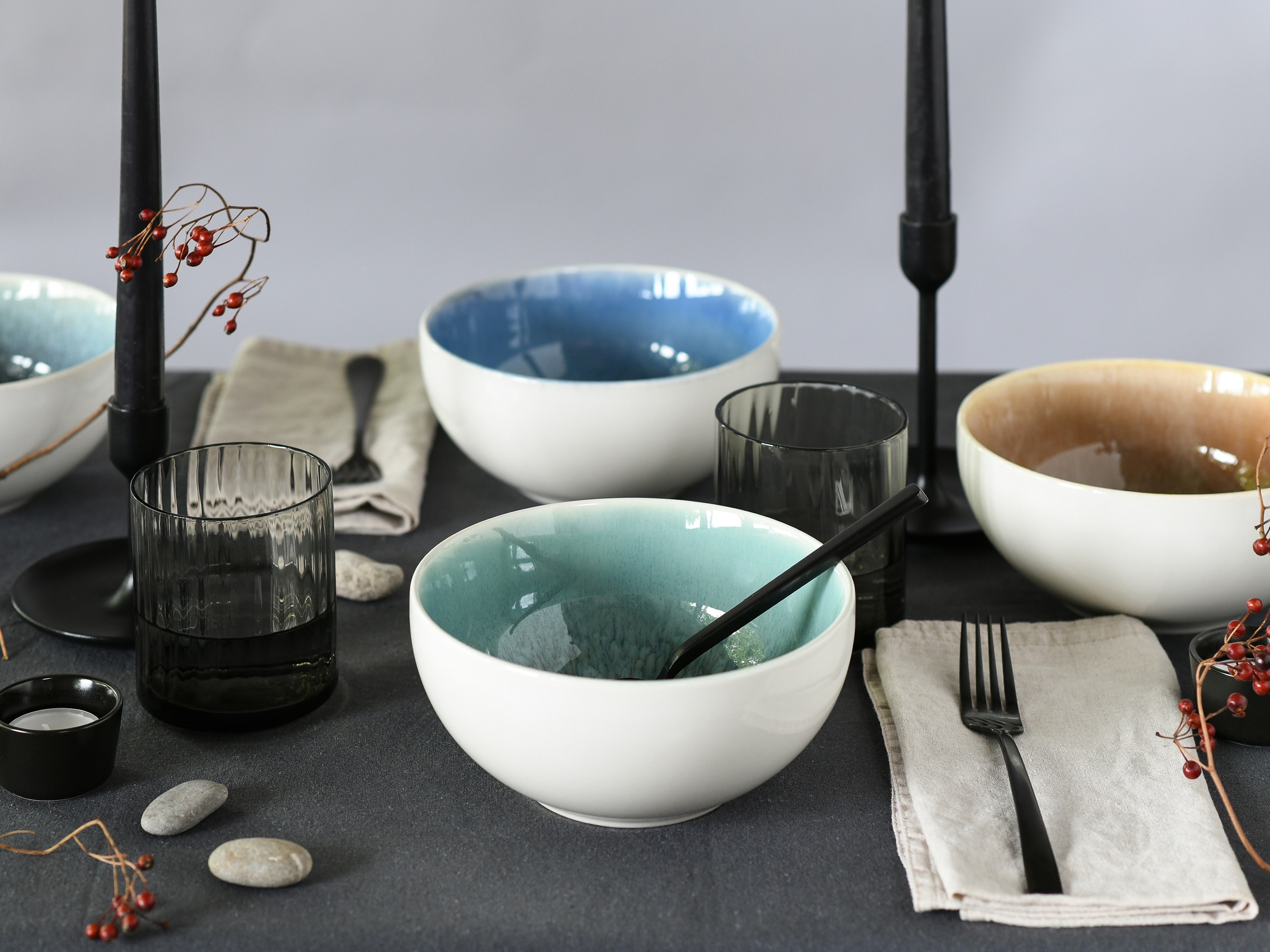 CreaTable Schüssel »Caldera Mix, Buddha Bowl, 4-tlg.« 4 aus Steinzeug Moderne Coupeform, Reaktivglasur