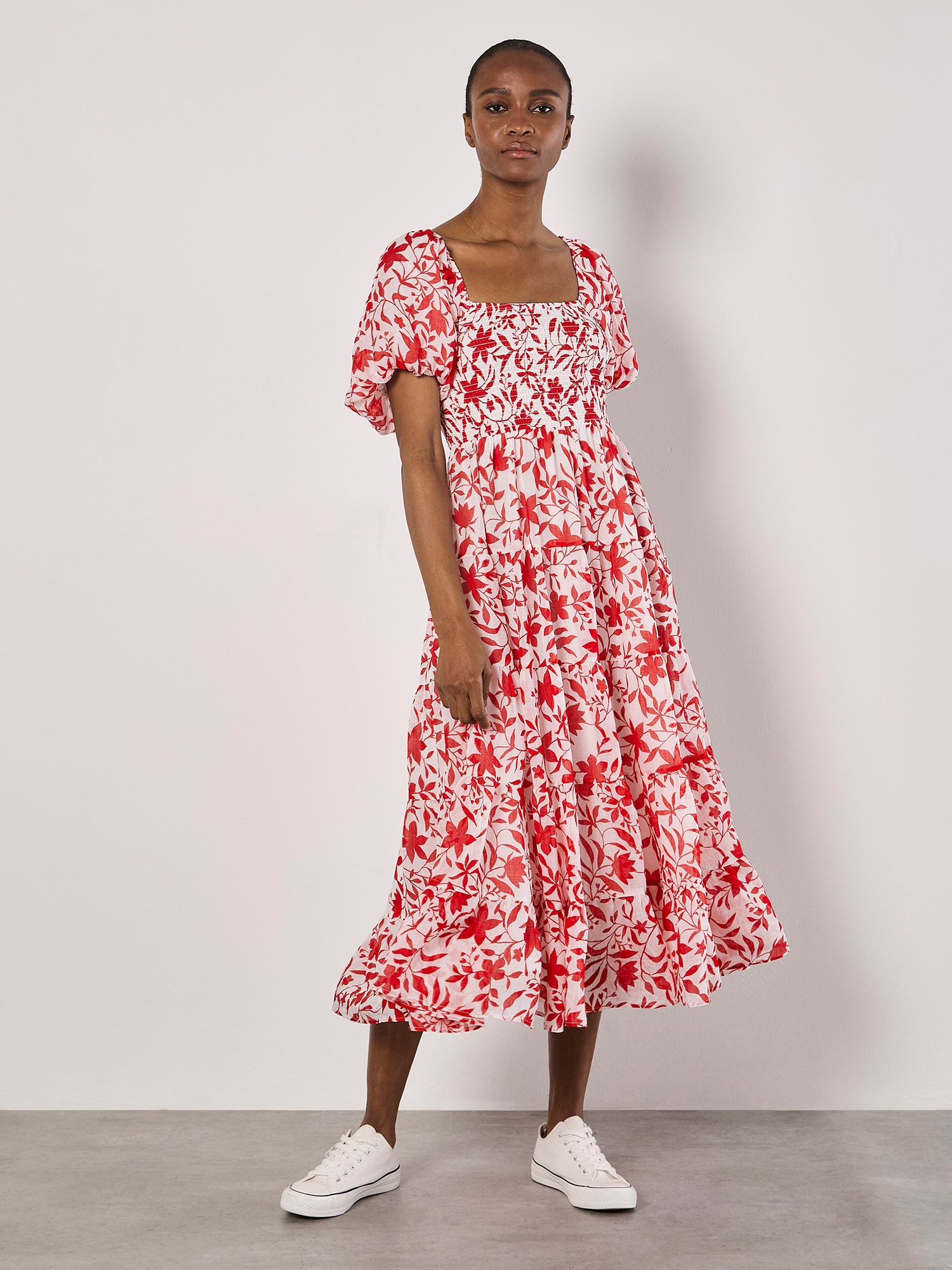 Apricot Midikleid "Florales Sommerkleid" mit Puffärmeln