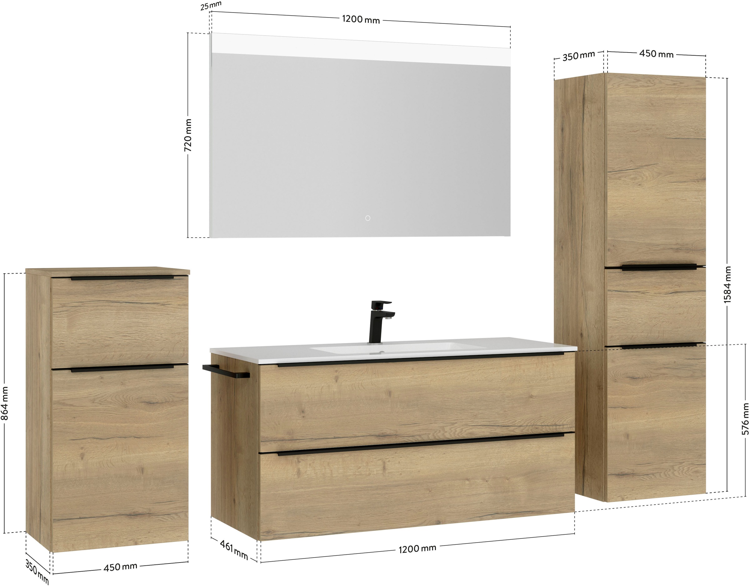 nobilia® Badmöbel-Set »Levere«, (4 St., vormontiert, mit Soft-Close), inkl. Spiegel mit Touch-Sensor, in vier Breiten