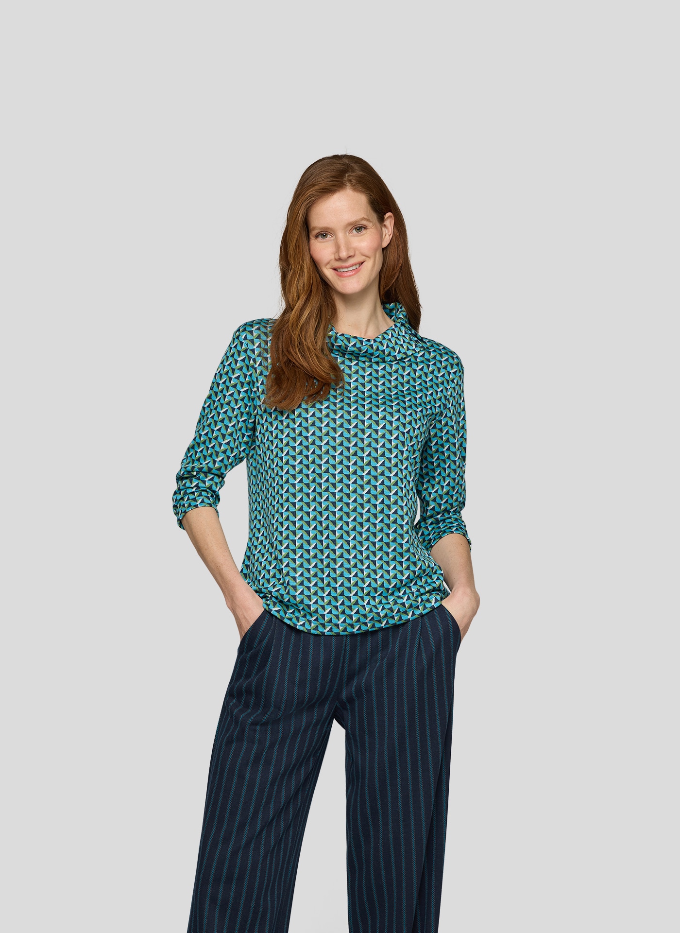 Rabe 3/4-Arm-Shirt mit geschlitztem Rollkragen und Minimal Print