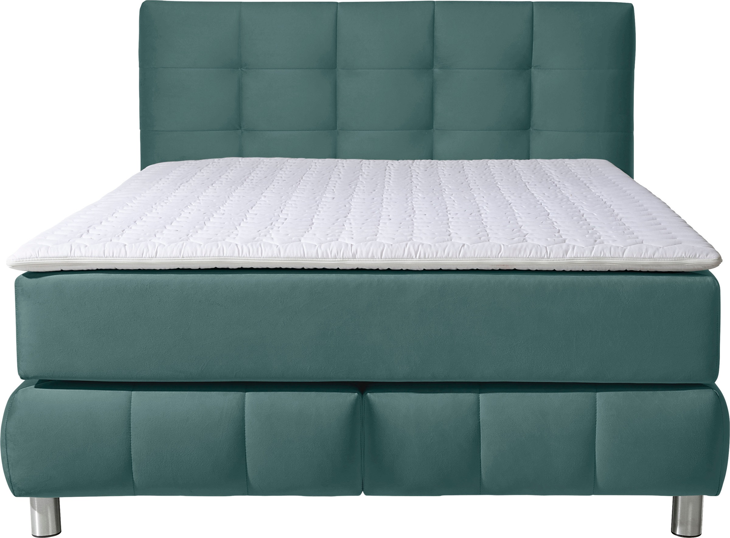 Boxspringbett HOME AFFAIRE "Salo", blau (petrol), B:154cm L:211cm, Struktur (100% Polyester);Bezug der Spiegelfläche Matratzendrell aus 100% Polyester;Samtoptik (100% Polyester), Komplettbetten, Boxspringbett, incl. Topper, 6 Breiten, 2 Härtegrade, TFK au 8
