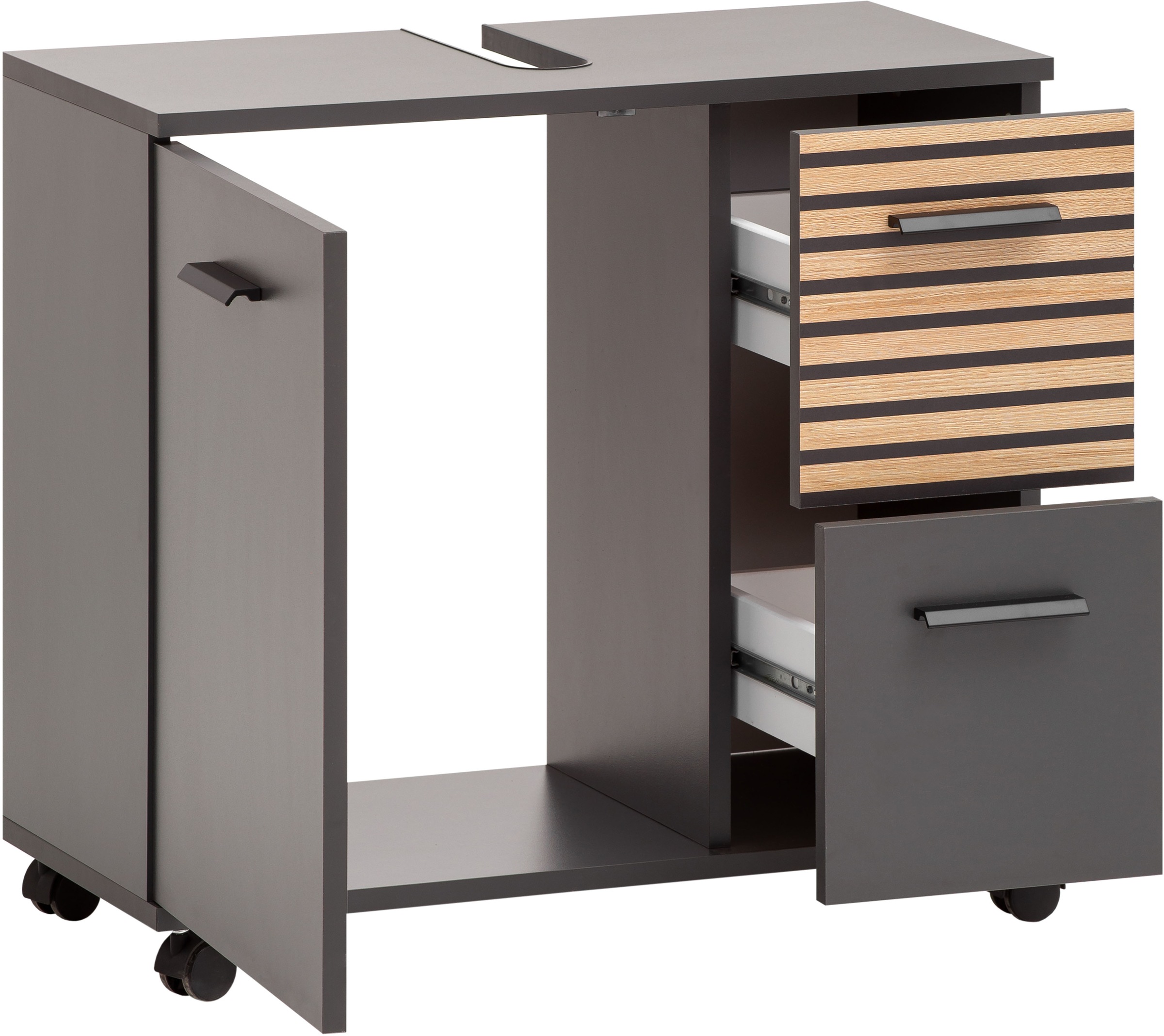 Thumbnail - welltime Waschbeckenunterschrank "Katta, Breite 65 cm" Oberboden mit Siphonausschnitt, Schublade mit Akustikprint