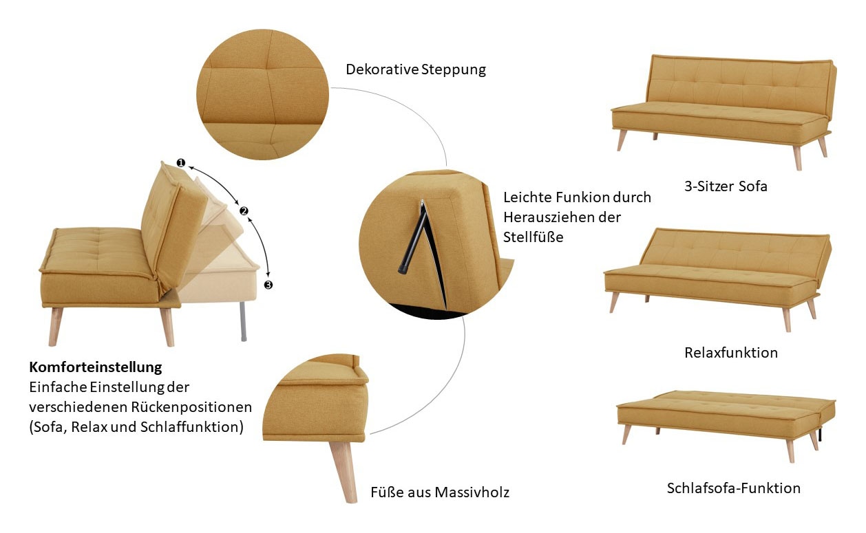 INOSIGN Schlafsofa »MENDOTA, 181 cm, 3-Sitzer mit Schlaffunktion,«, verstellbarer Rückenlehne, Klappmechanismus, Webstoff
