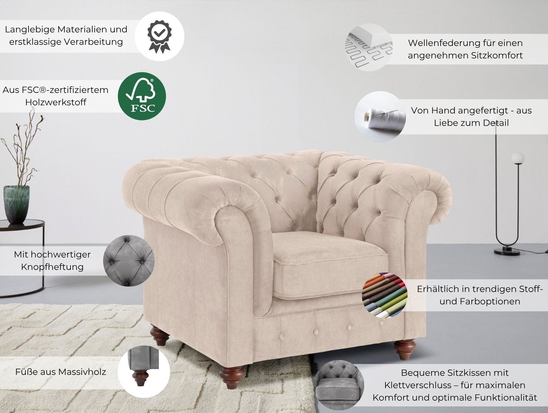 OTTO home Sessel "Chesterfield B/T/H: 105/69/74 cm" mit hochwertiger Knopfheftung, auch in Leder