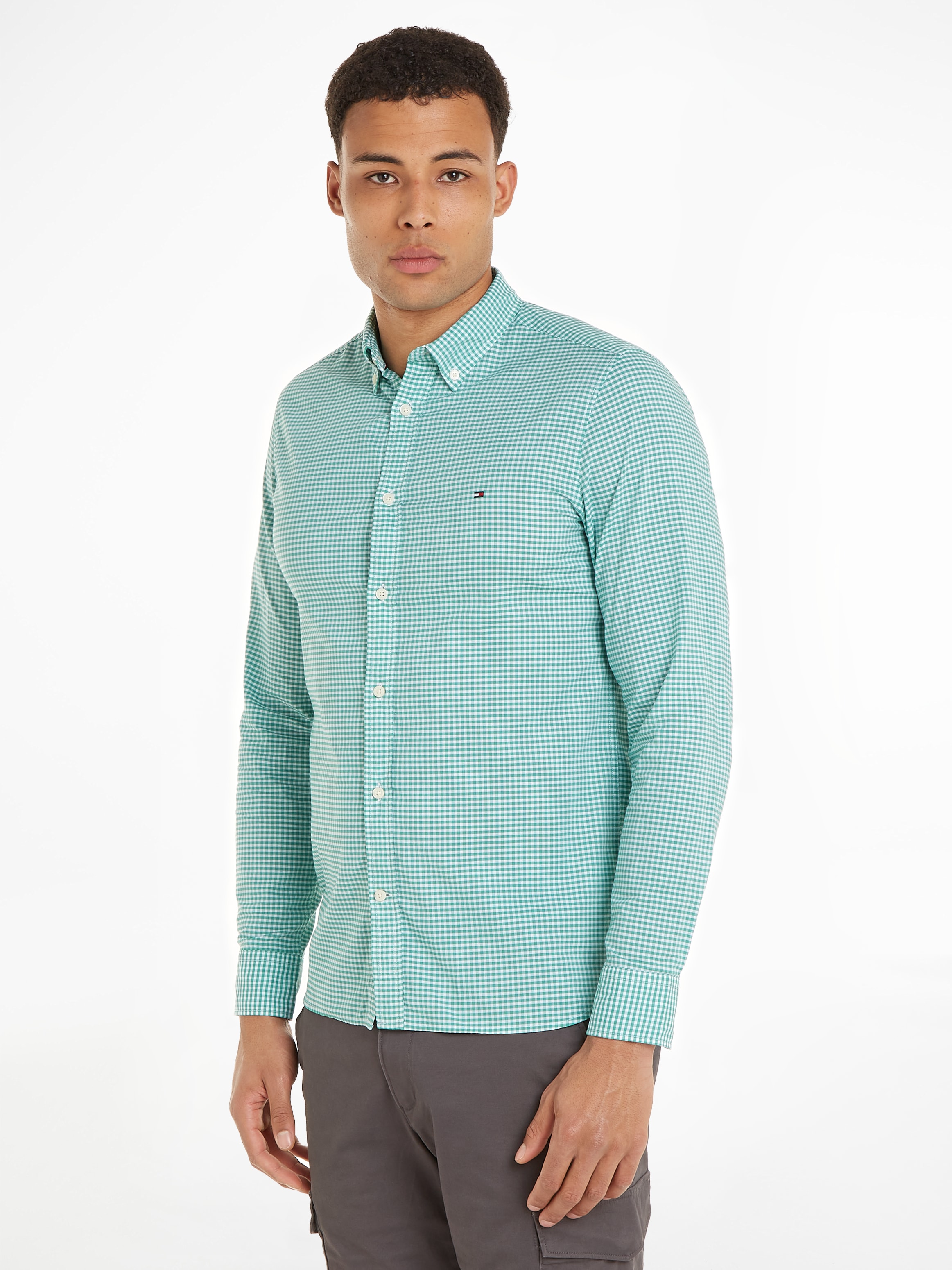 Tommy Hilfiger Karohemd "FLEX TEXTURED GINGHAM SF SHIRT", mit kleiner Logostickerei