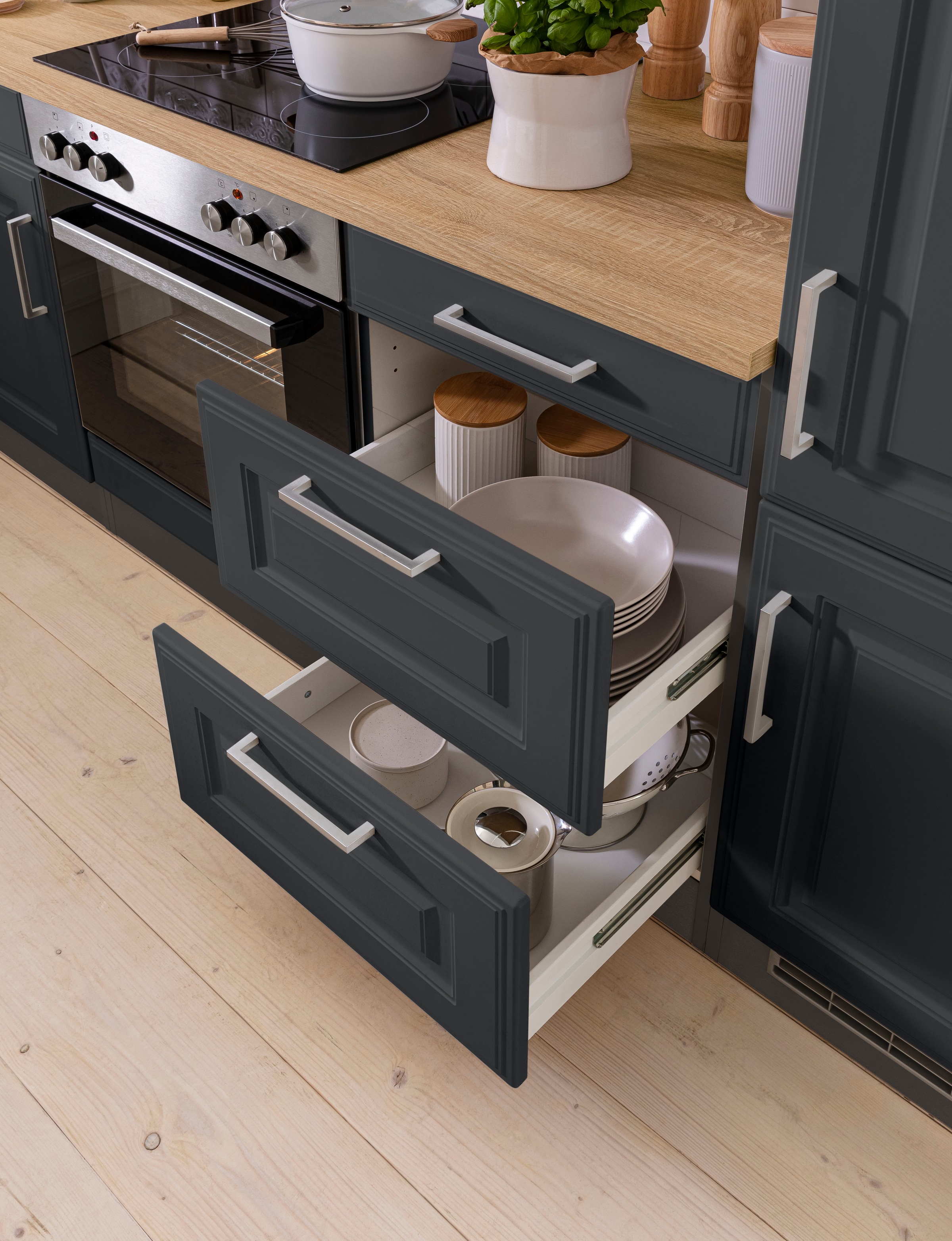 KOCHSTATION Winkelküche »KS-Stockholm«, Stellbreite 220/310 cm, mit hochwertigen MDF Fronten im Landhaus-Stil