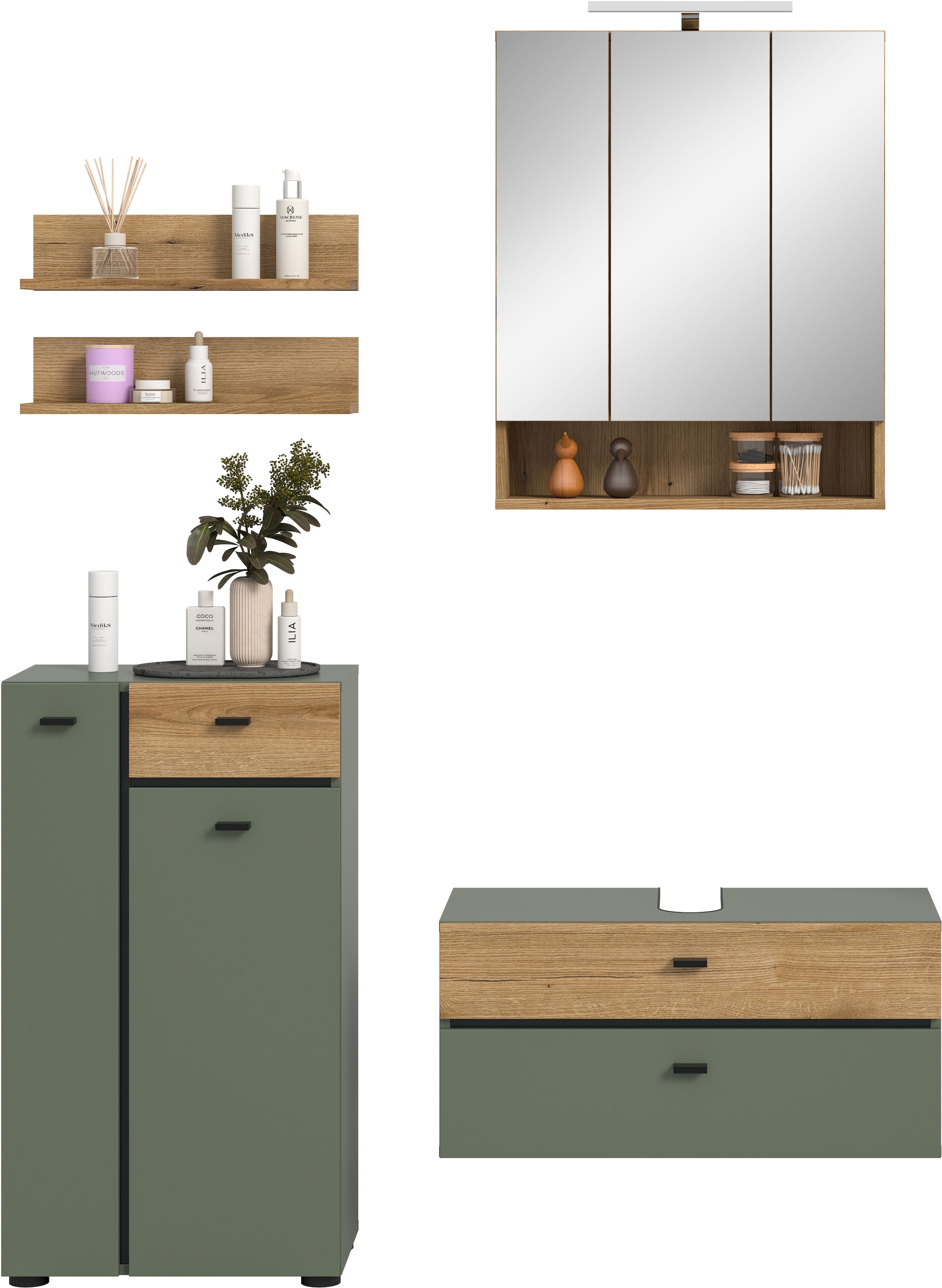 welltime Badmöbel-Set »VANN, 5-teilige moderne Badkombination, inkl. Beleuchtung« Midischrank, 2er Set Wandregal, Waschbeckenunterschrank,Spiegelschrank, 5 Stk. tlg.