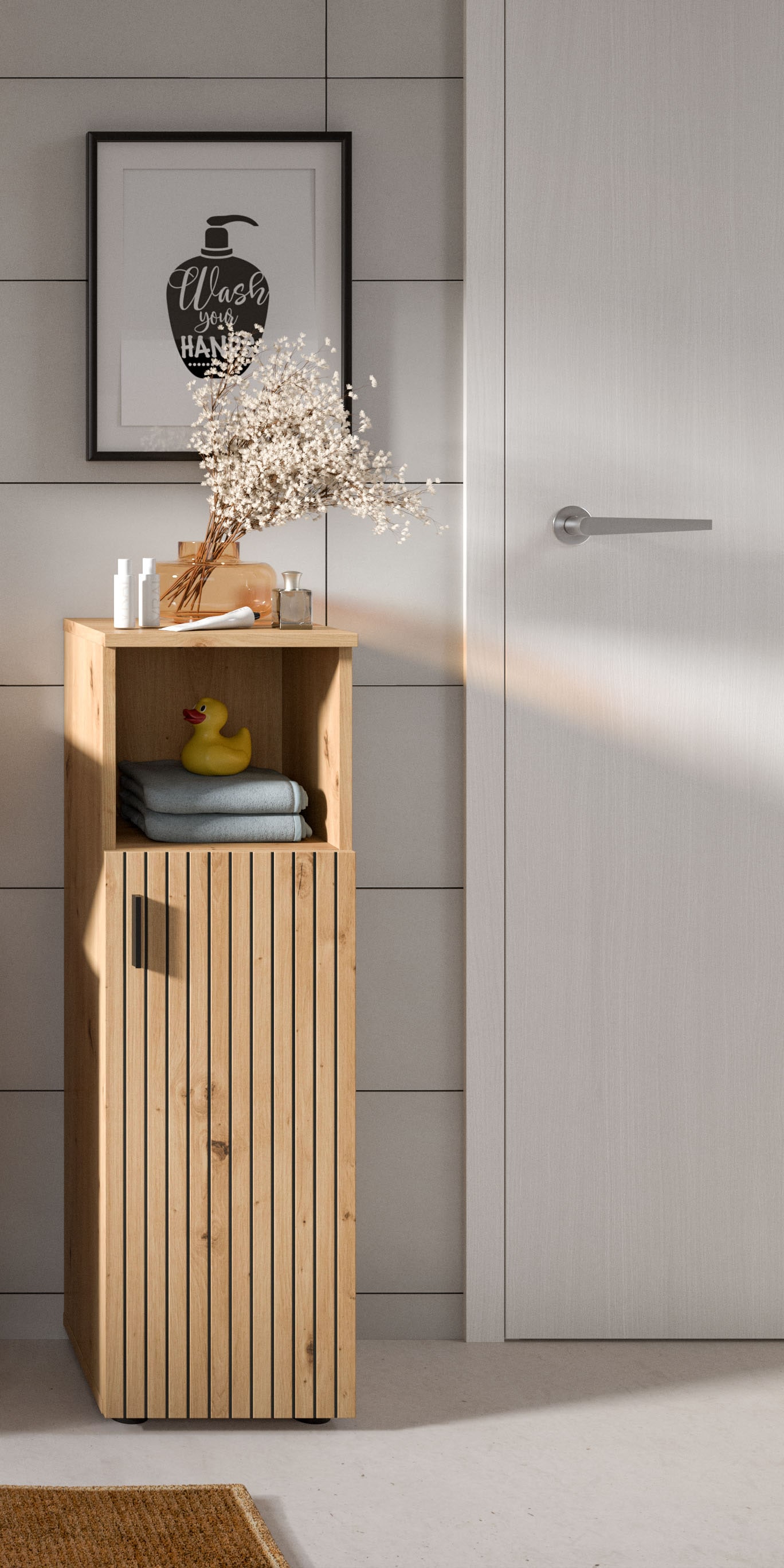 welltime Stauraumschrank »MANI, Höhe: 95 cm, Paneeloptik, 1 offenes Fach, 1 Tür« 1 Stk. tlg. Badezimmerschrank, Badschrank, Bad, Badezimmer