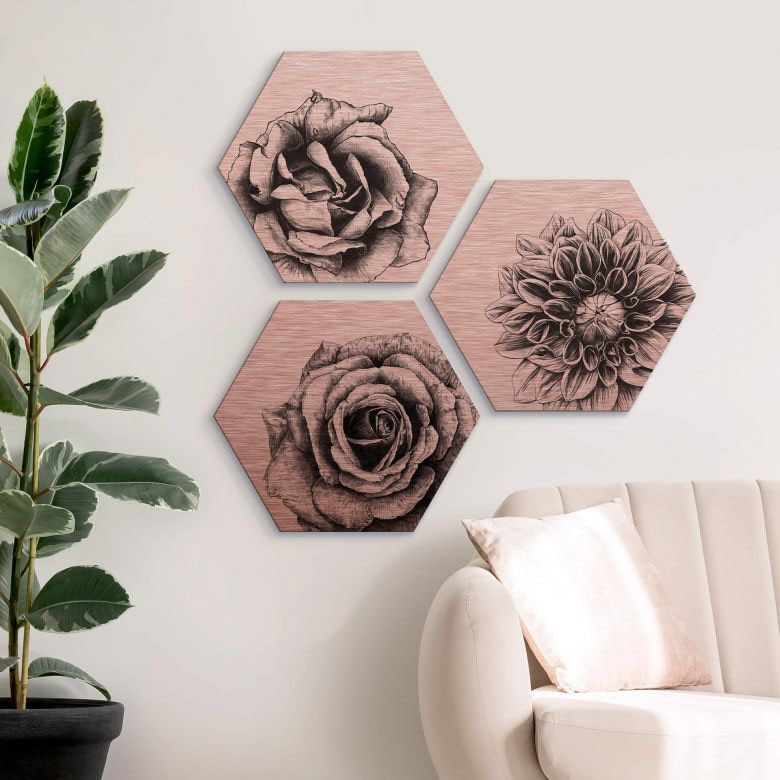Wall-Art Mehrteilige Bilder »Florales Blumen Set Kupfer«, (Set, 3 St.), Metallschild Collage