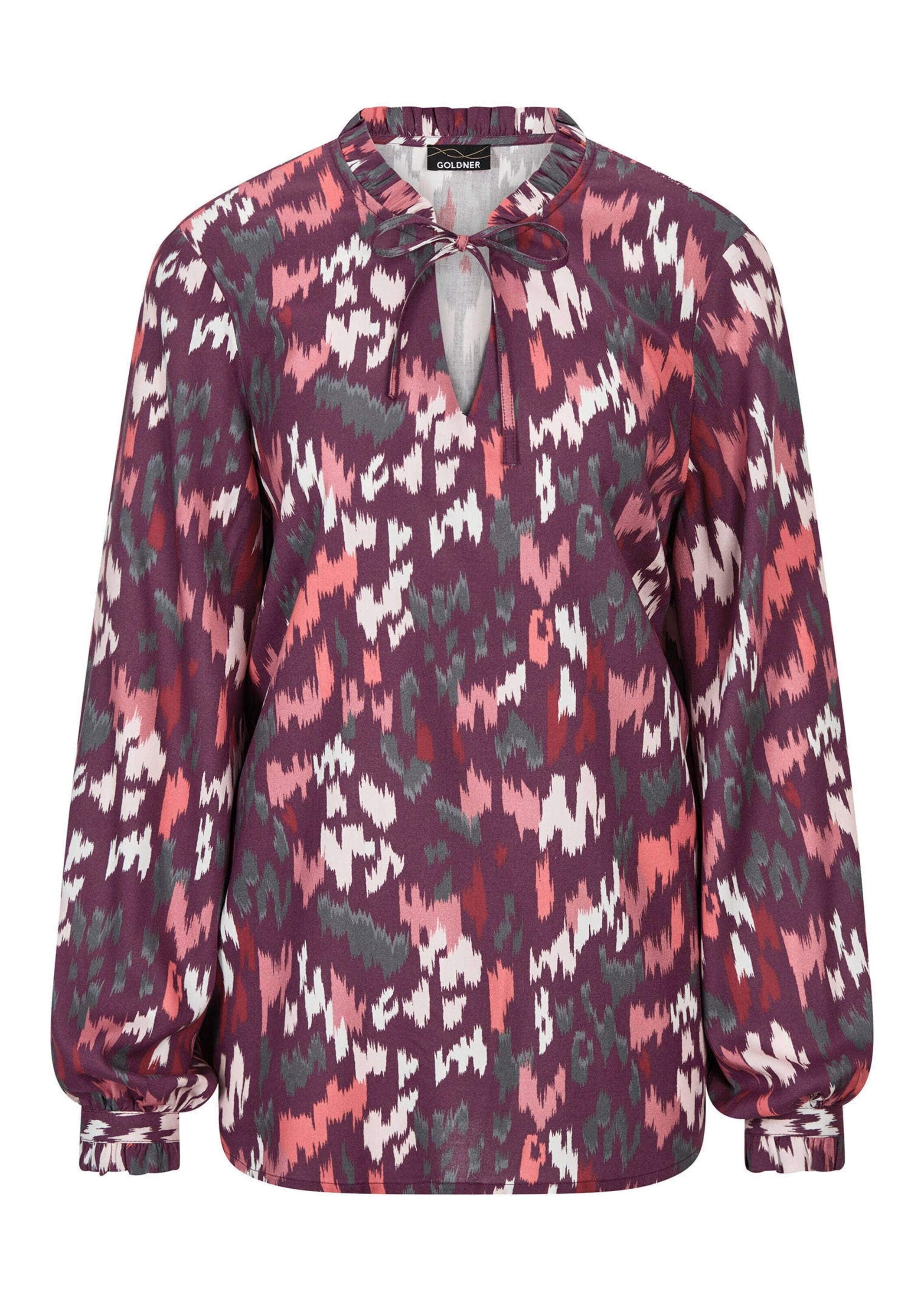 Schlupfbluse GOLDNER "Kurzgröße Moderne Rüschenbluse mit Stehkragen", Damen, Gr. 21, pink (beere, gemustert), Obermaterial: 100% Viskose CV., Blusen Schlupfbluse, Rüschen