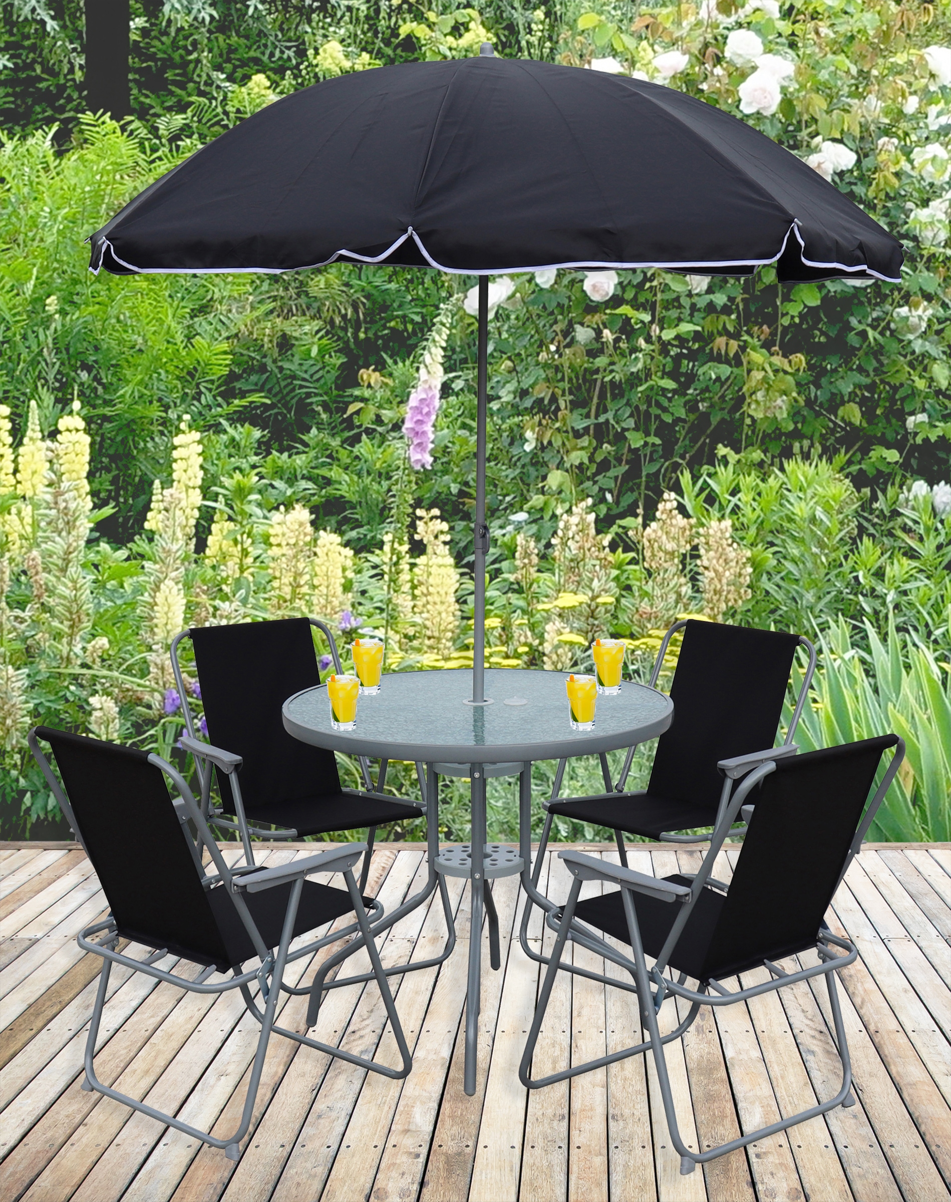 VCM Garten-Essgruppe »VCM 6-tlg Gartenmöbel Set | Sitzgruppe Essgruppe | 1xTisch, 4x Stühle, 1x Sonnenschirm | Tisch Maße ca. H. 70 x B. 70 x T. 70 cm | Garten Set - Maxola«, (6 tlg., Maxola)