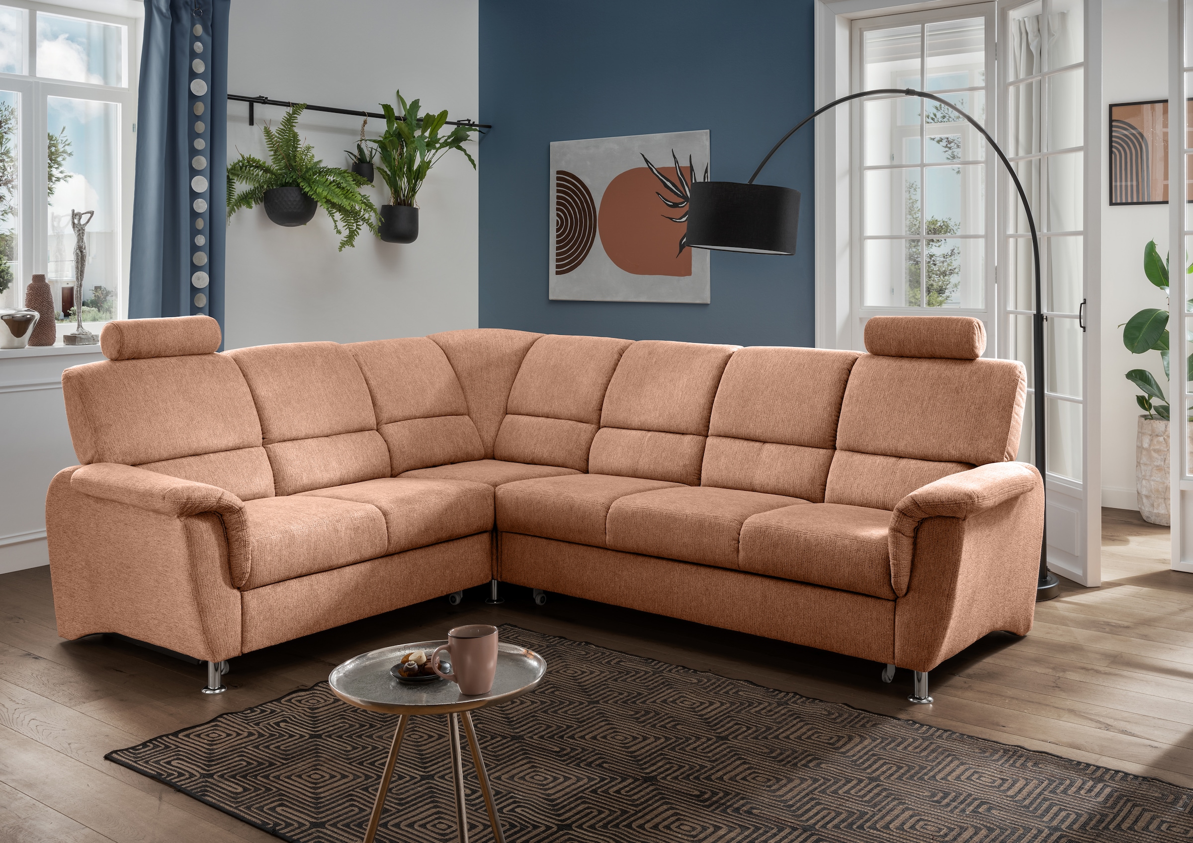 Home affaire Ecksofa »Pisa L-Form, mit Schlaffunktion, Stauraum, 2x höhenverstellbare«, Kopfstützen und Relaxfunktion im Eckelement