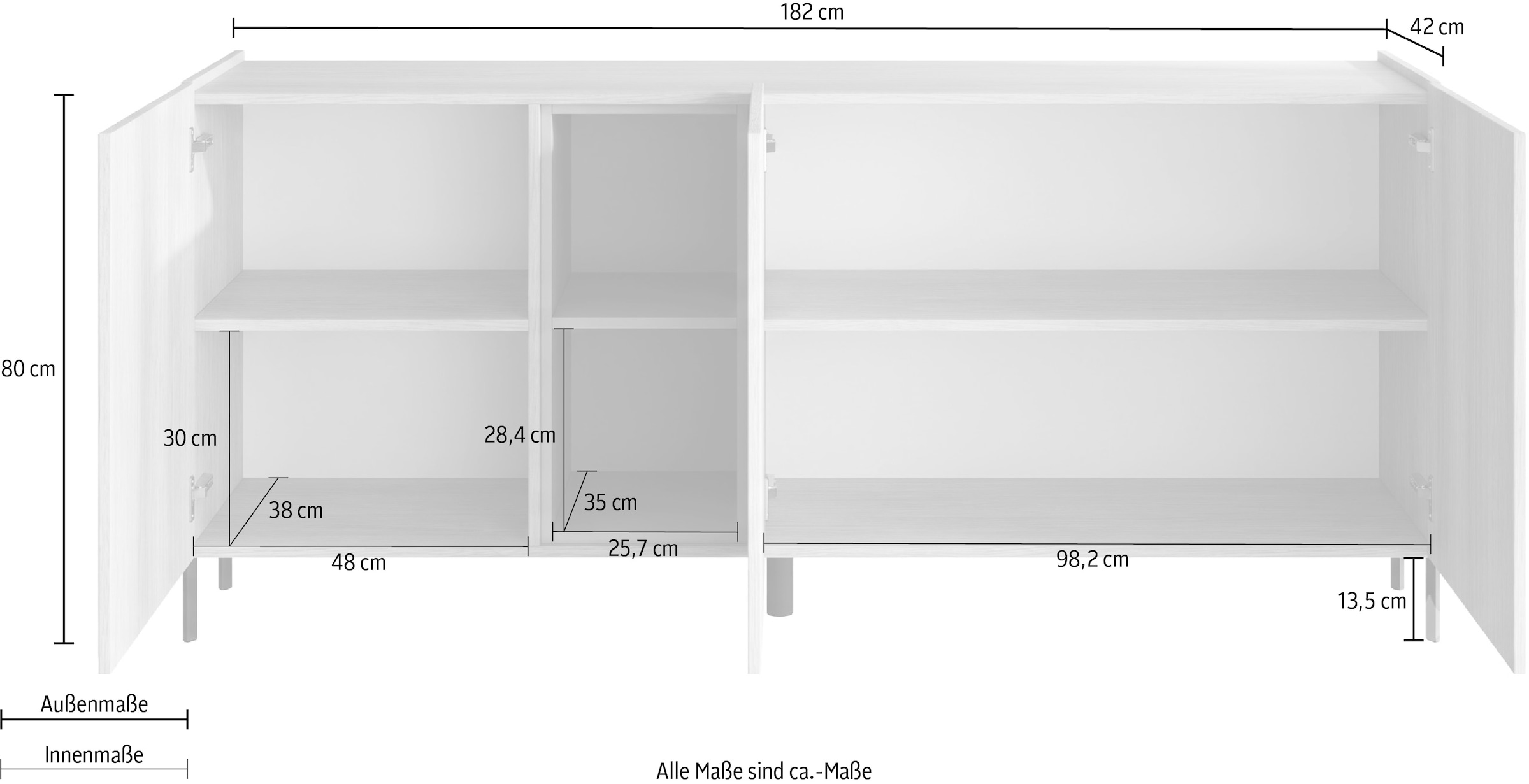 OTTO home Sideboard »Badia, 182 cm breit, 2 Türen, Anrichte, Kommode, Stauraumschrank« Innenliegendes Top, gerade Metallfüße, salbeigrüne Farbakzente