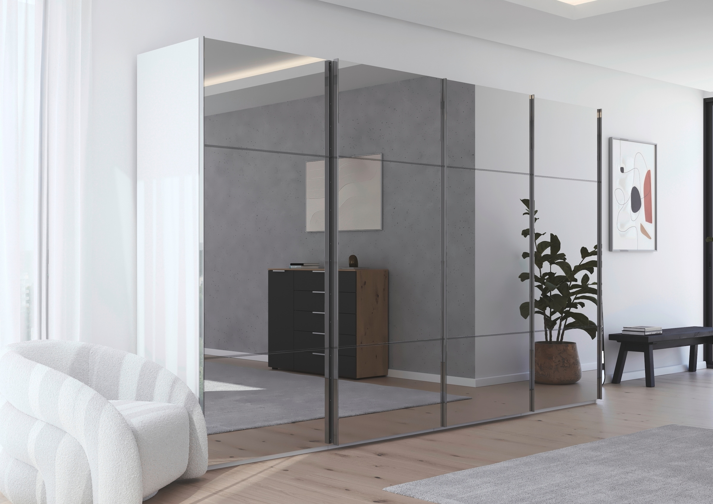 rauch Schwebetürenschrank »Kleiderschrank Schrank Garderobe Schlafzimmerschrank SCALE-TRIO«, edle dreigeteilte Front mit 2 Zierleisten Spiegelfront MADE IN GERMANY