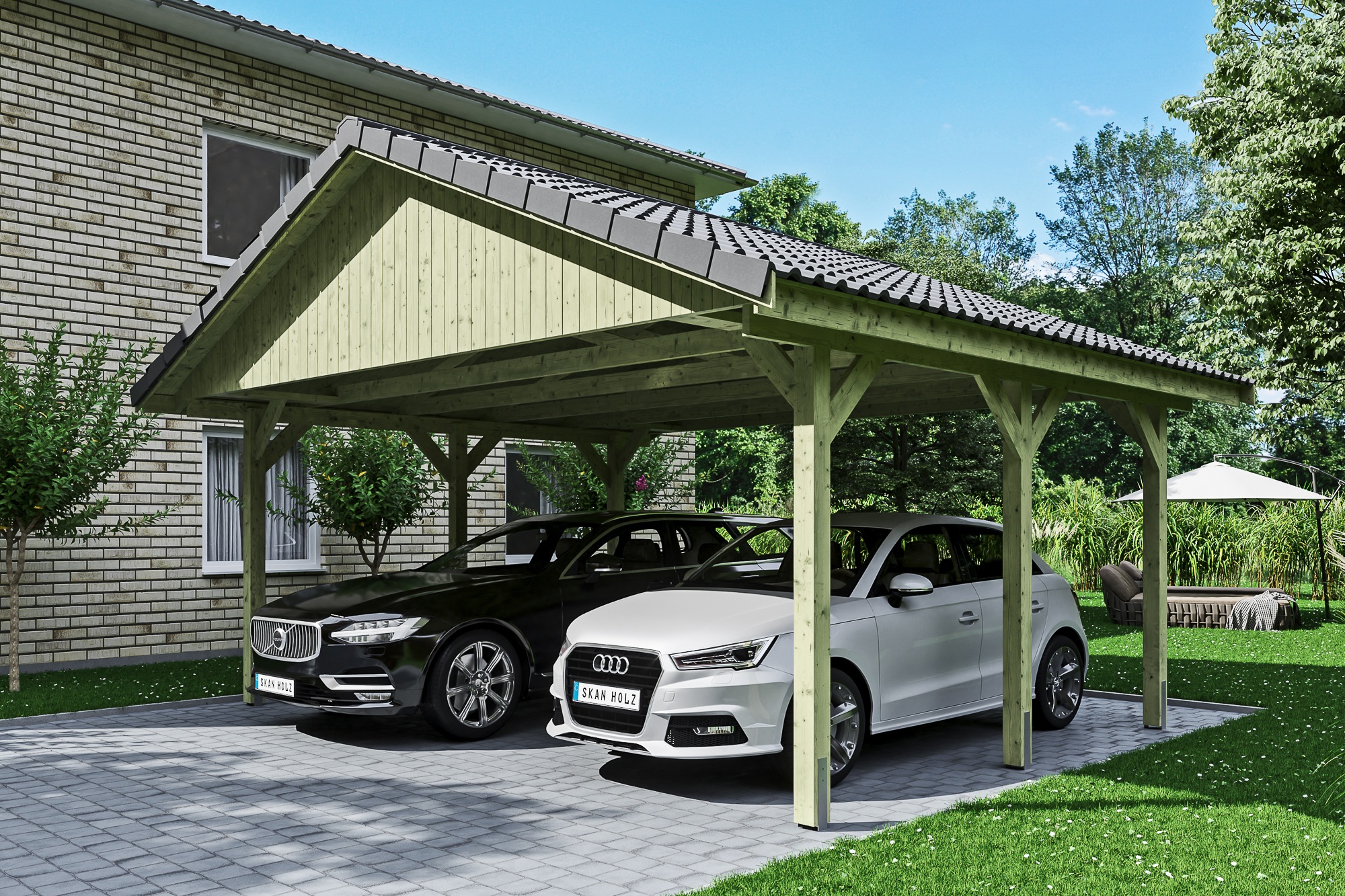 Skanholz Doppelcarport "Wallgau" Massivholz 530 cm Grün mit Dachlattung