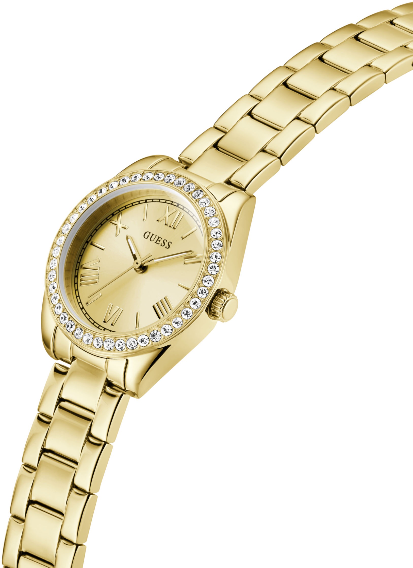 Guess Quarzuhr »MINI LUNA GLITZ«, Armbanduhr, Damenuhr, Edelstahlarmband, analog, Kristallsteine