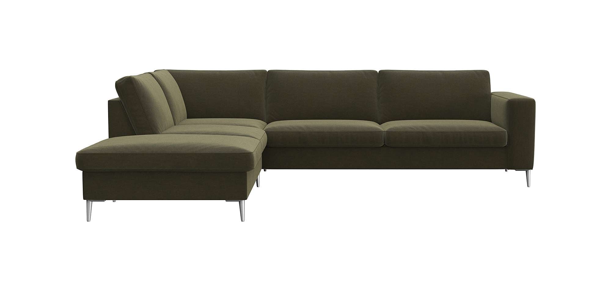 Ecksofa FLEXLUX "Fiore, super Sitzkomfort durch Kaltschaum im Sitz, L-Form", grün (moss grün), B:273cm H:85cm T:225cm, 100% Polyester, Sofas, Ecksofa, breite Armlehnen, Füße Alu 4