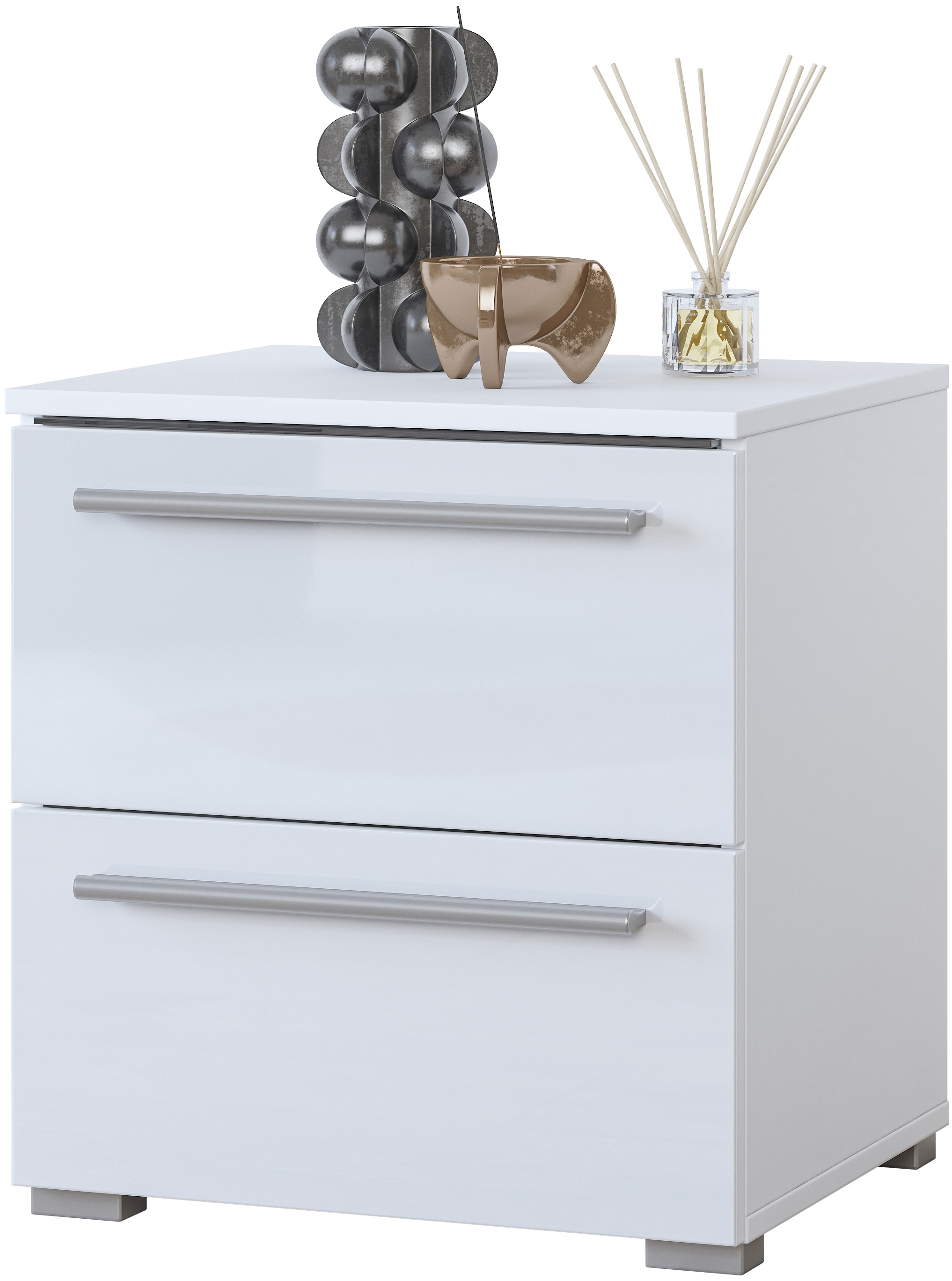 INOSIGN Nachtkommode »India, Stauraum in 2 Schubladen, FSC-zertifizierter Holzwerkstoff«, (in Schieferoptik oder weiß mit Hochglanzfronten, 46x50x41(BxHxT), Nachtschrank mit Beleuchtung und Fernbedienung, Made in Europe