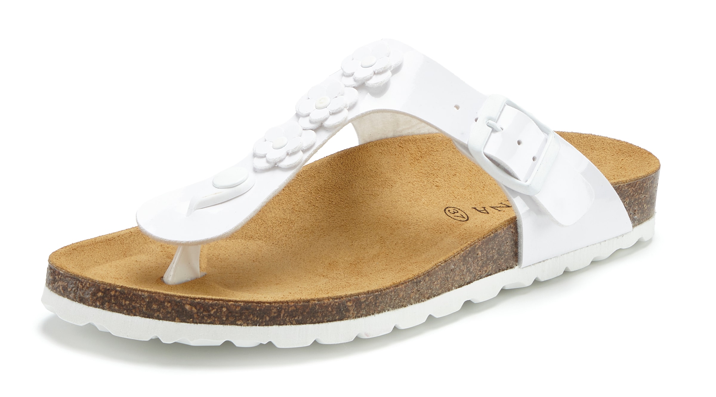 LASCANA Zehentrenner »Sandale, Pantolette, offener Schuh, Sommerschuh,«  mit modischer Applikation und Komfortkorkfußbett aus Leder