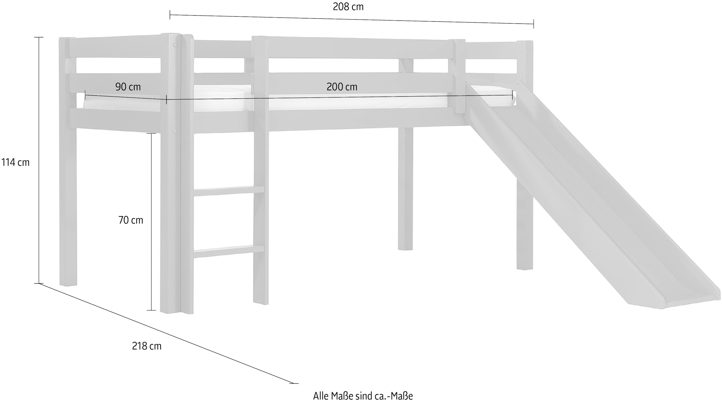 Vipack Hochbett »Pino, inkl. Rolllattenrost, Leiter, Rutsche und Absturzschutz«, (B/H/T ca. 210x114x218cm, Kiefer massiv, stabil und standfest), in verschiedenen Farben erhältlich