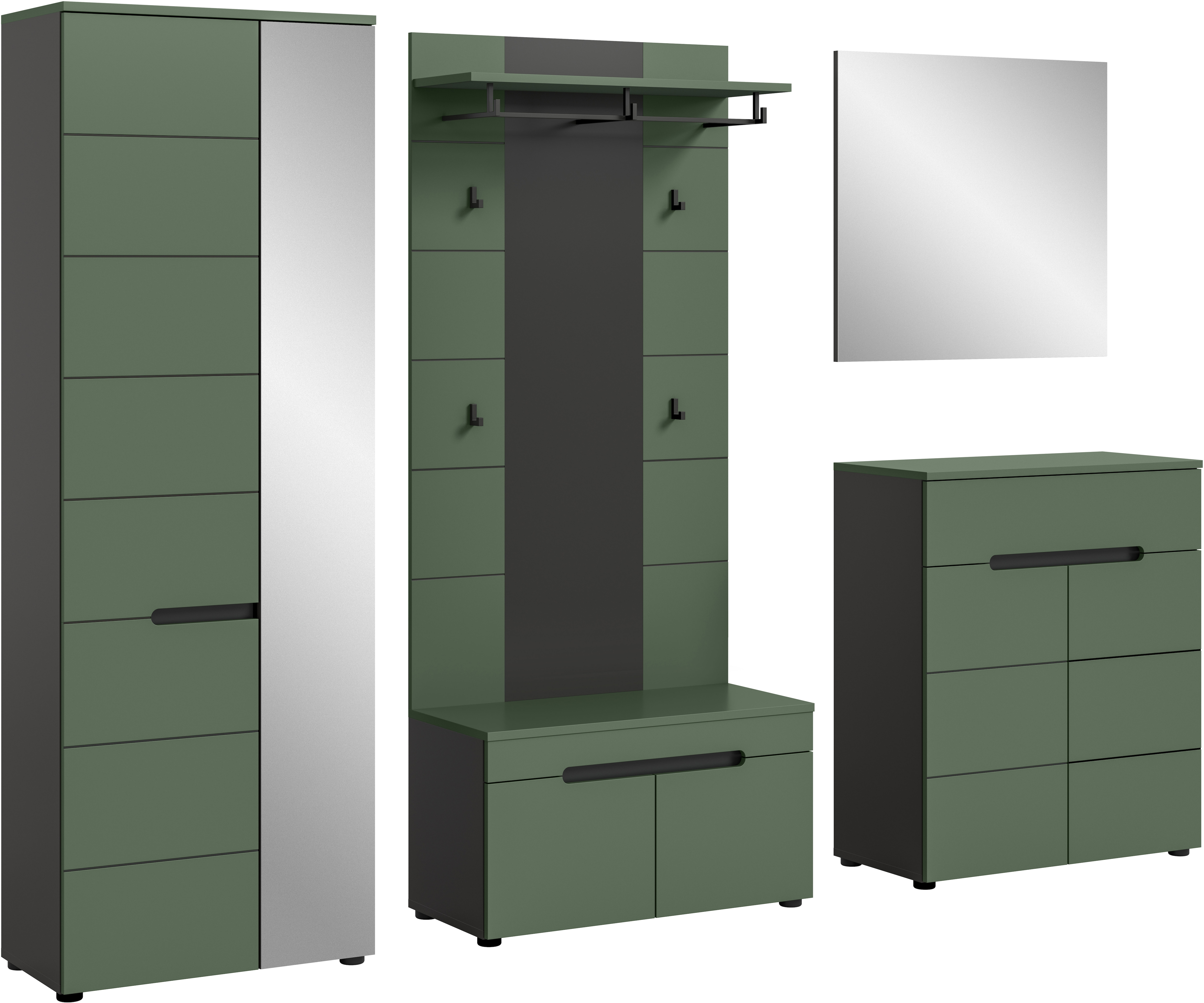 Home affaire Garderoben-Set "REHAT, TOPSELLER, 5-teilig, Breite 255cm, individuell erweiterbar" Set, bestehend aus: Garderobenschrank, Sitzbank, Paneel, Spiegel, Kommode, 5 Stk. tlg.