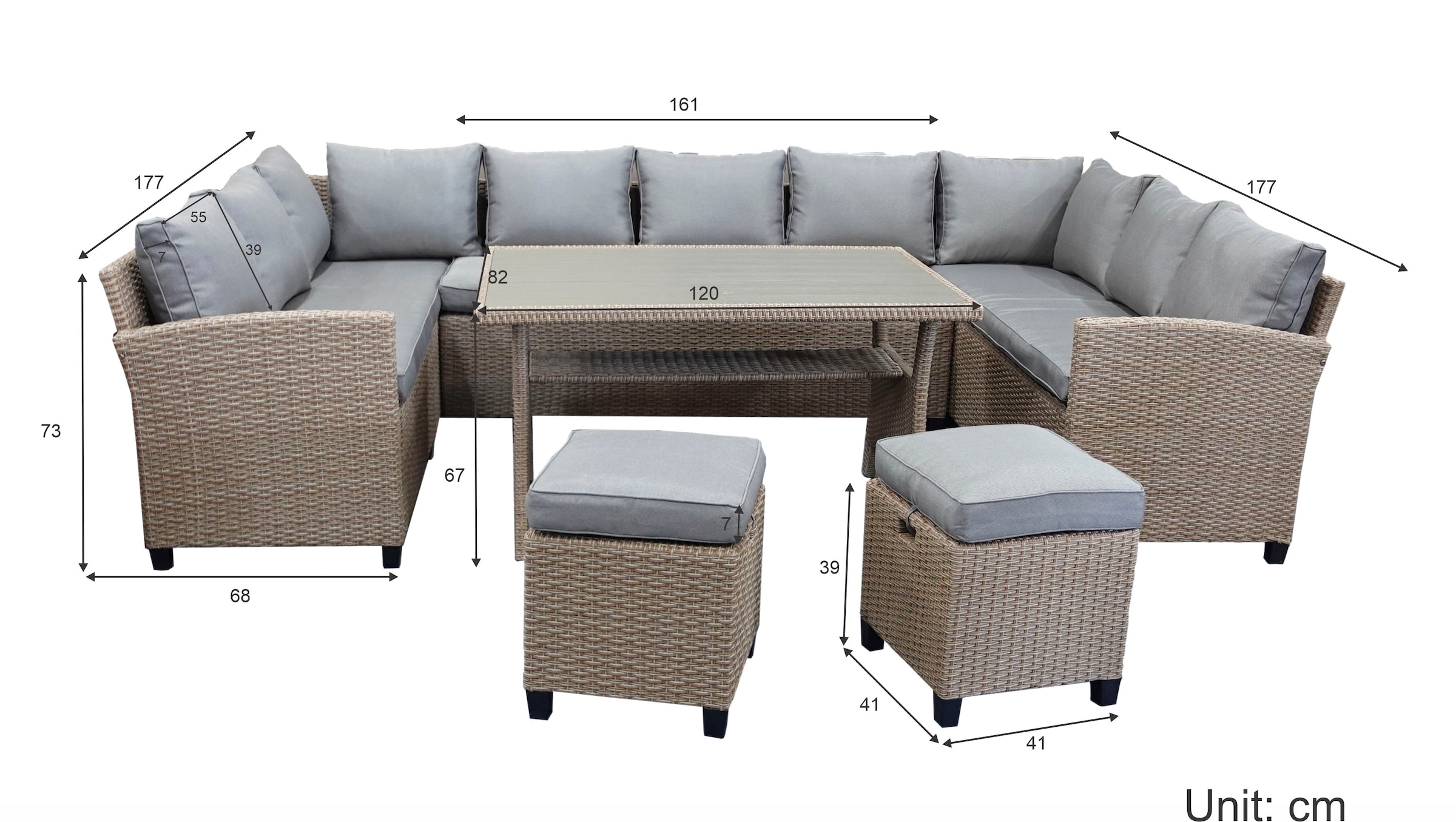 KONIFERA Gartenlounge-Set »Rotterdam«, (Set, 20 tlg., 3x 3er Sofa, 2x Hocker, 1x Tisch 120x82x67cm, inkl. Auflagen), Polyrattan, Stahl, Tischplatte aus Nonwood, Unser Dauertiefpreis