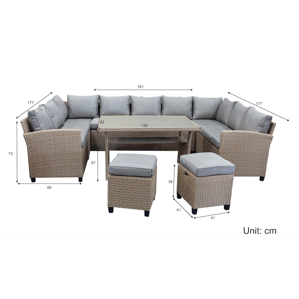 KONIFERA Gartenlounge-Set »Rotterdam«, (Set, 20 tlg., 3x 3er Sofa, 2x Hocker, 1x Tisch 120x82x67cm, inkl. Auflagen), Polyrattan, Stahl, Tischplatte aus Nonwood, Unser Dauertiefpreis