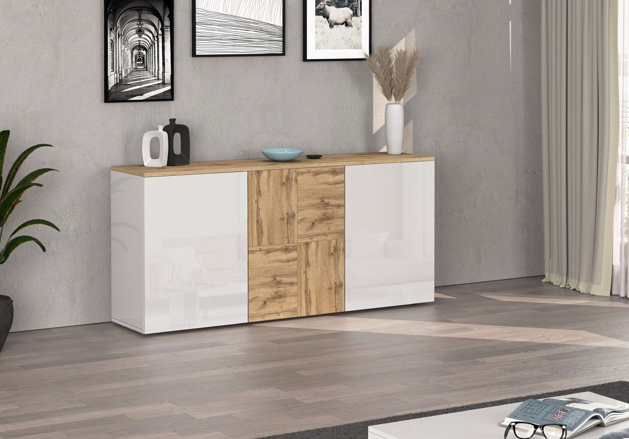 INOSIGN Sideboard »Sideboard ISEO, Kommode, Schrank, Kredenz« 1 Stk. tlg. stehend/hängend, 3 Türen HG lackiert, 6 Fächer, B 150 cm