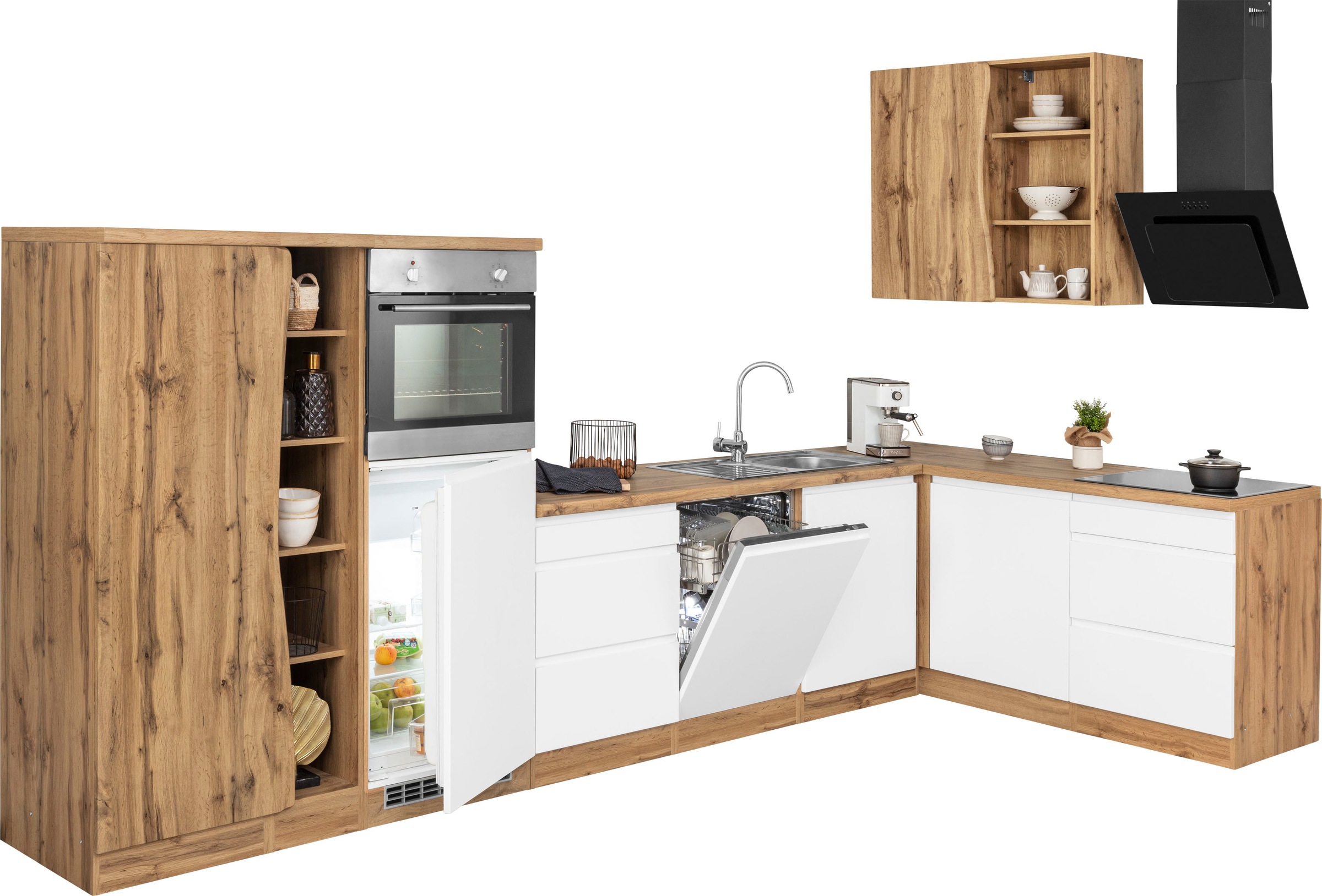 KOCHSTATION Winkelküche »KS-Bruneck«, Stellbreite 380/180 cm breit, ohne E-Geräten, MDF Fronten