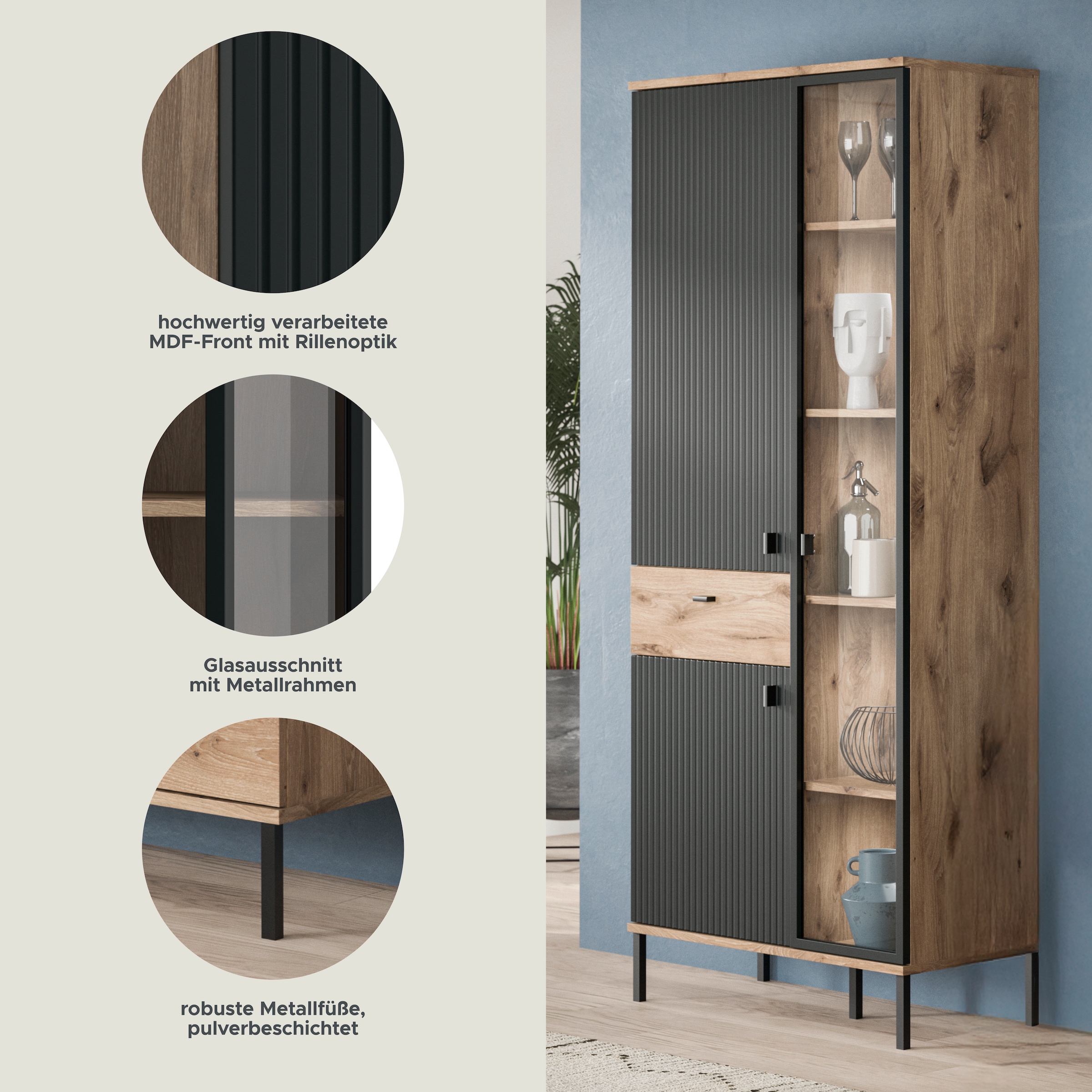 INOSIGN Stauraumvitrine »TREVERK, Breite 83 cm, hochwertige MDF-Front schwarz tiefzieh« 1 Stk. tlg. Stauraumvitrine, Vitrine, Wohnzimmer