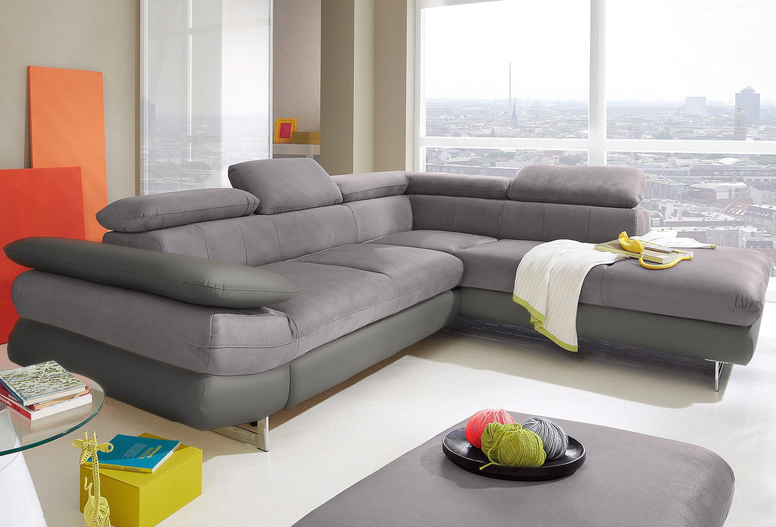 COTTA Ecksofa "Solution L-Form, Design Sofa, bequeme Wellenunterfederung, Design Fuß" mit Arm- & Kopfteilverstellung, wahlweise mit Schlaffunktion
