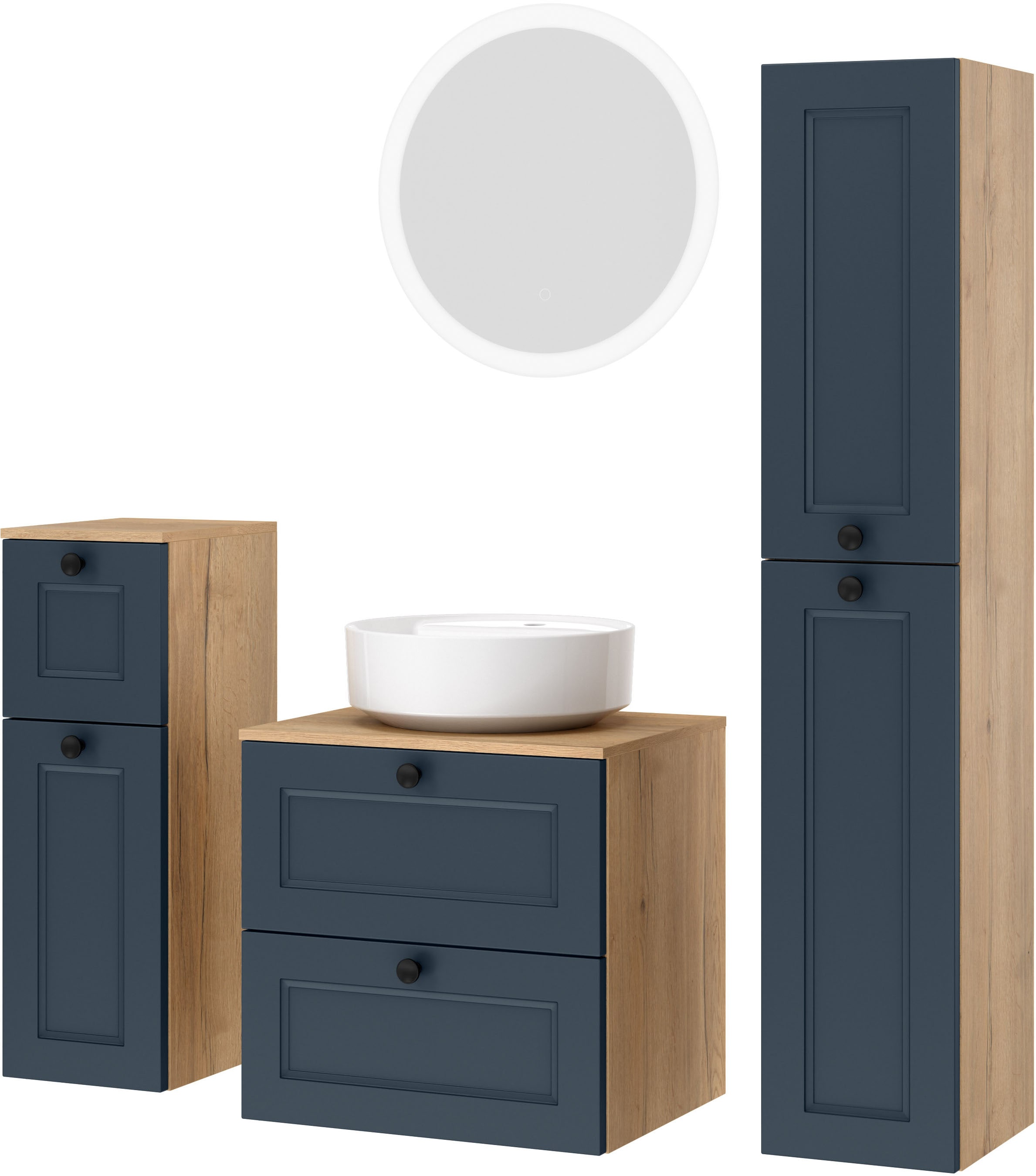 nobilia® Badmöbel-Set »Cascada« Set, inkl.  Aufsatzwaschbecken und beleuchtetem  Spiegel mit Touch-Sensor, 4 Stk. tlg.
