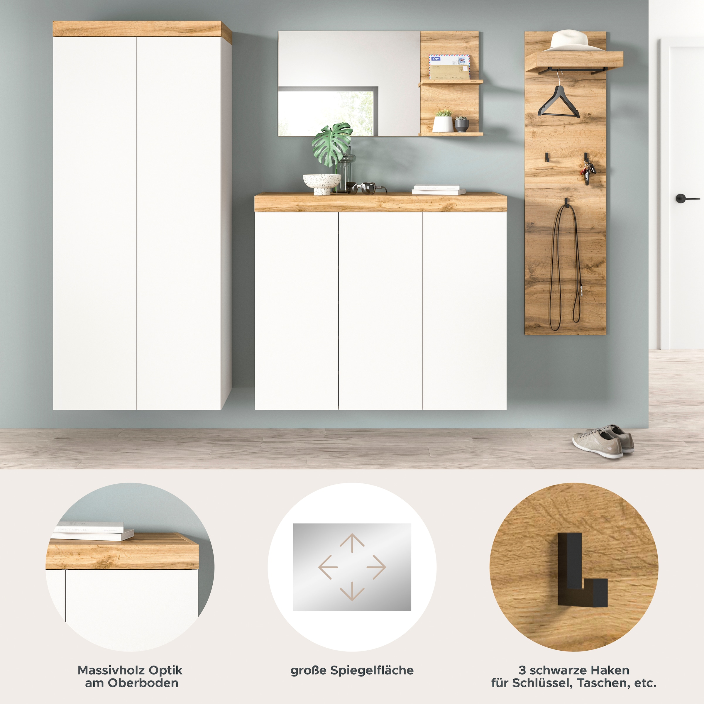 OTTO home Garderoben-Set »MAMBO, TOPSELLER!, 4-teilige Kombination, stehend & hängend montierbar« bestehend aus: Garderobenschrank, Kommode, Spiegel, Garderobenpaneel, 4 Stk. tlg.