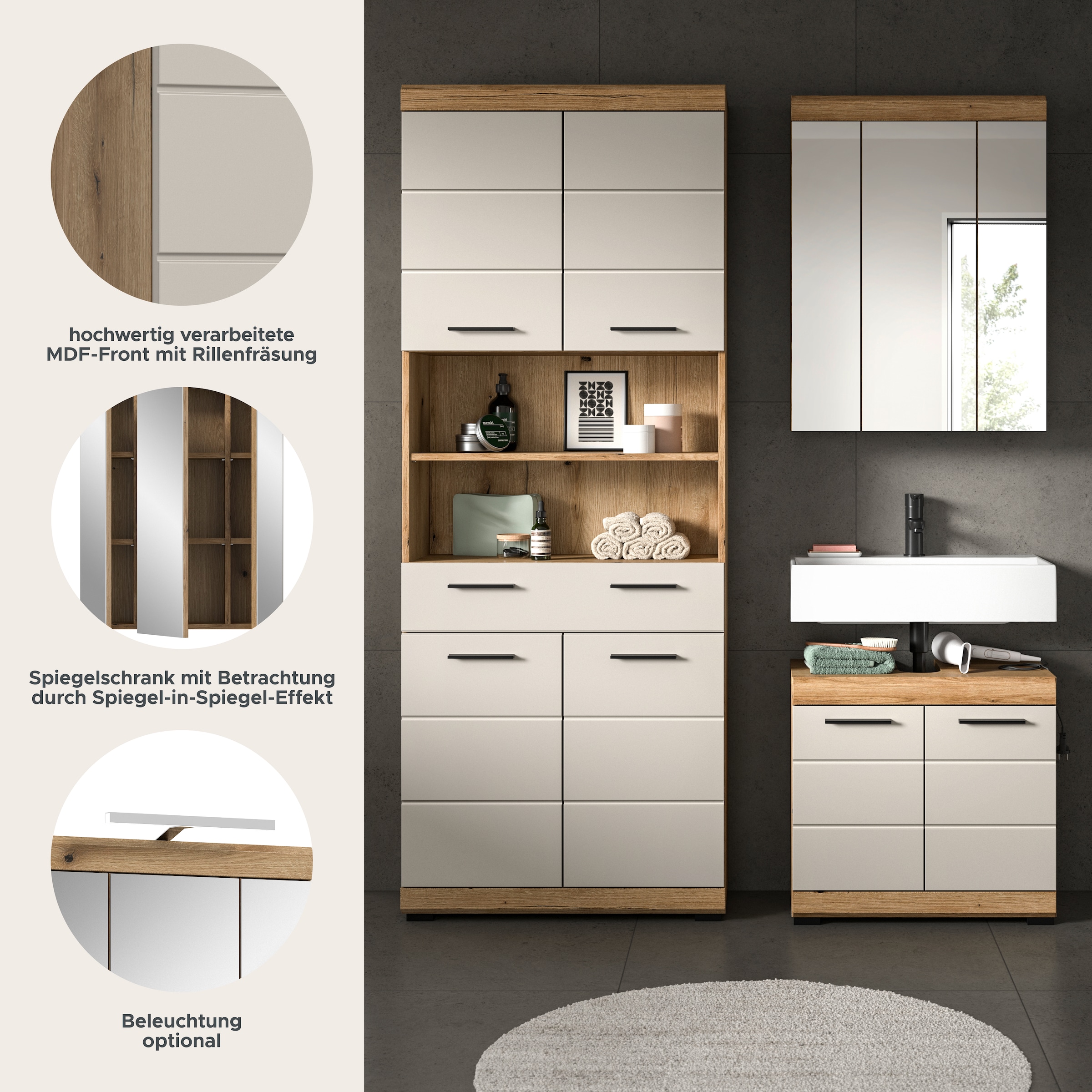 Thumbnail - welltime Badmöbel-Set "SIENA, TOPSELLER, Breite 149cm, 3-teiliges Set" Set, bestehend aus: Hochschrank, Waschbeckenunter...