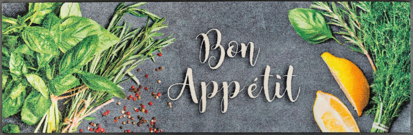 Küchenläufer "Bon Appetit" Gr. 17, grau, B:60cm H:7mm L:180cm, Kunstfaser, WASH+DRY BY KLEEN-TEX, Teppiche, Motiv Kräuter, rutschhemmend, waschbar, Küche