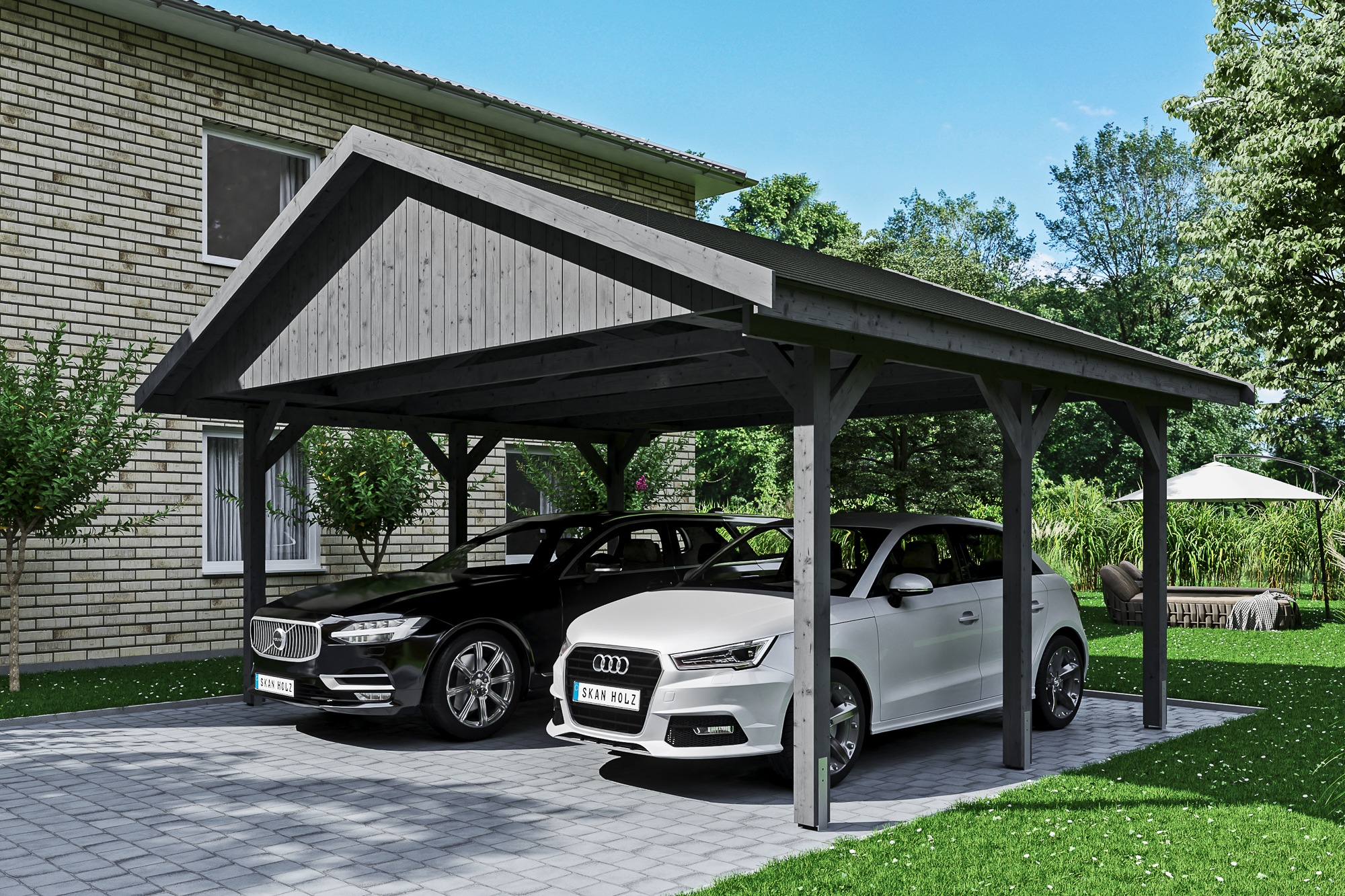 Skanholz Doppelcarport »Wallgau« Massivholz 530 cm Schiefergrau mit schwarzen Dachschindeln