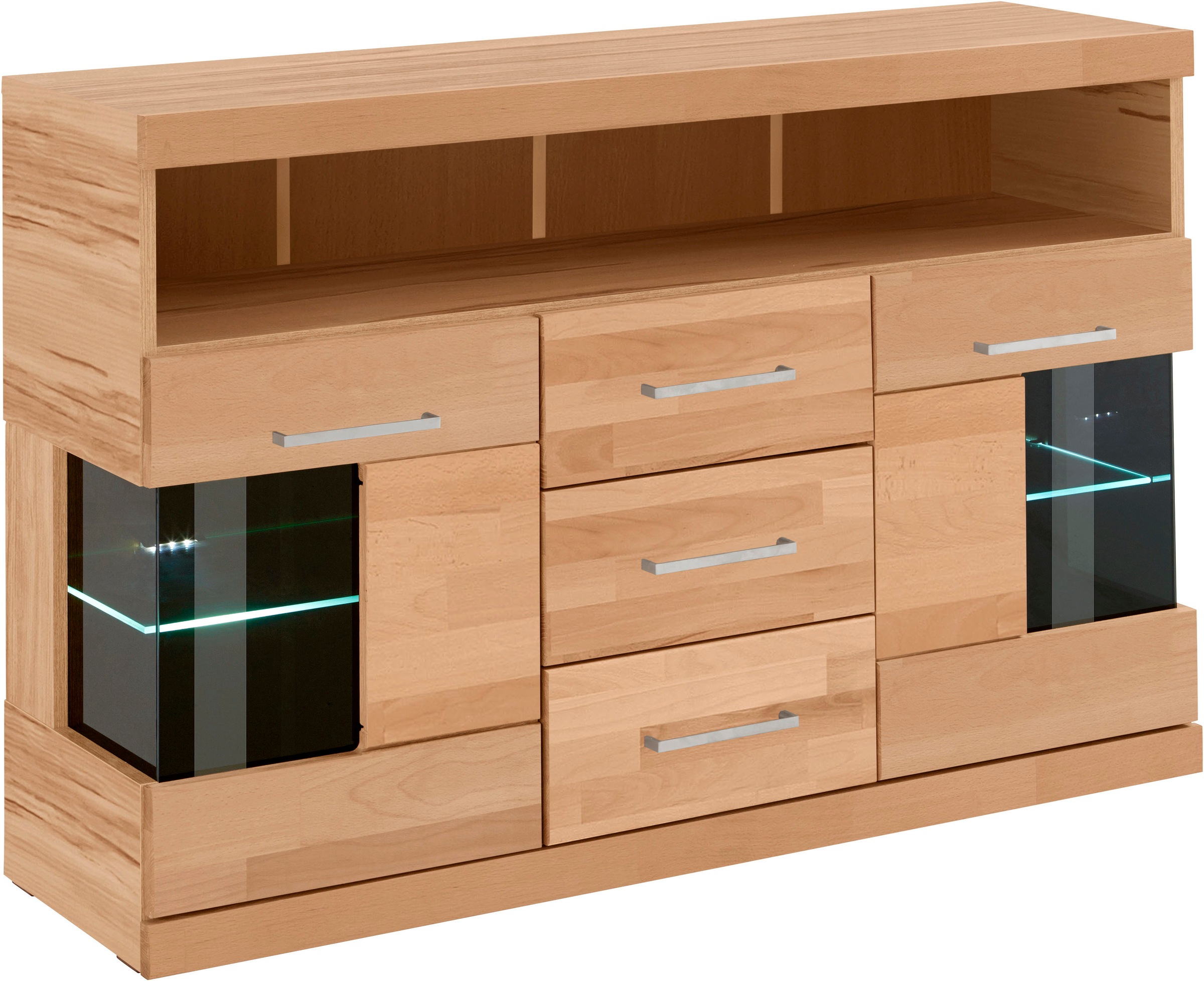 OTTO home Sideboard "Ribe,125cm breit, Fronten Massivholz,5 Fächer,Böden versetzbar" Korpus Holzwerkstoff,Türen mit Glaseinsatz,3 Schubladen,Metallgriffe