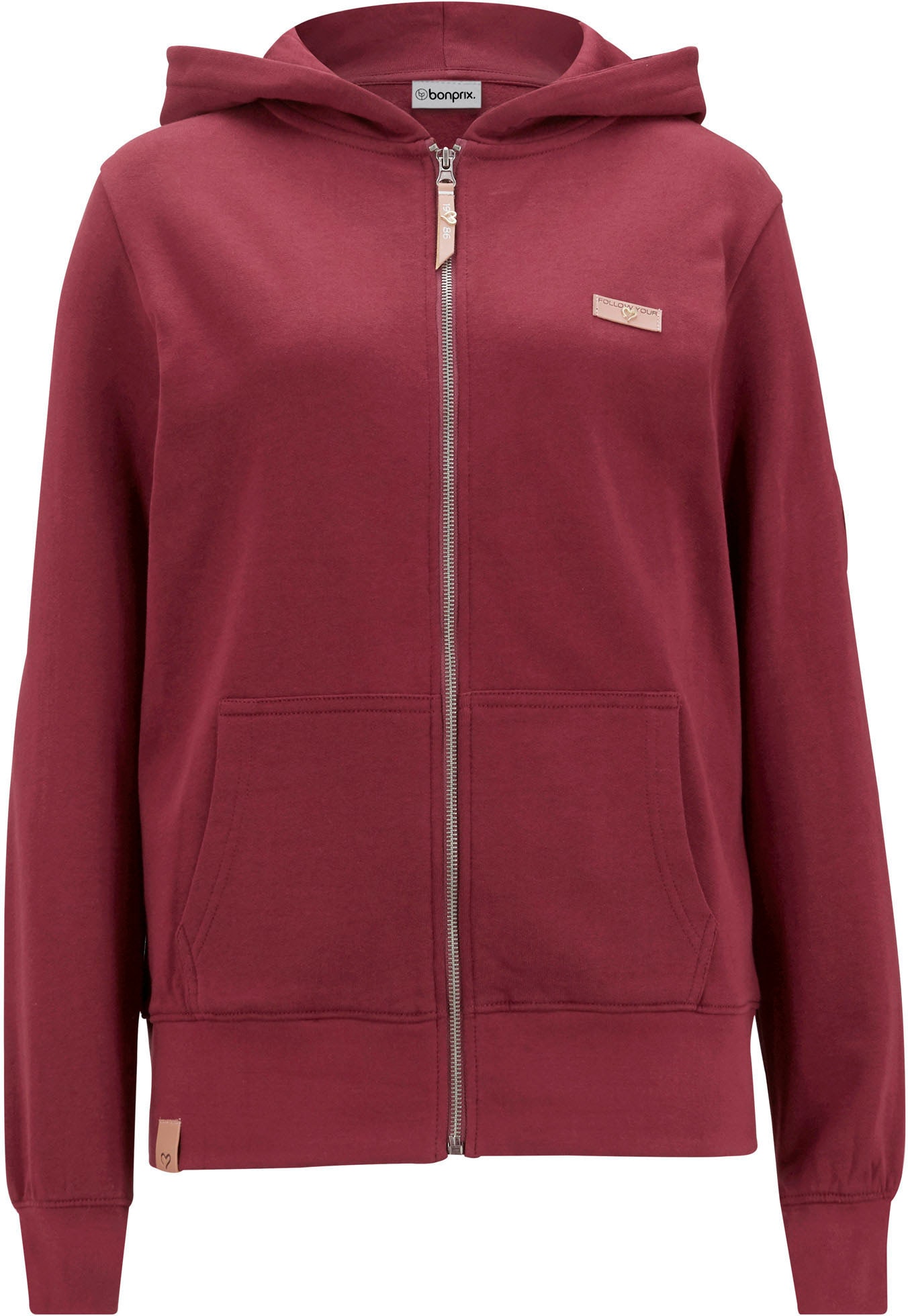 bonprix Kapuzensweatjacke mit Kapuze, mit Kängurutaschen, aus Baumwolle, mit Reißverschluss