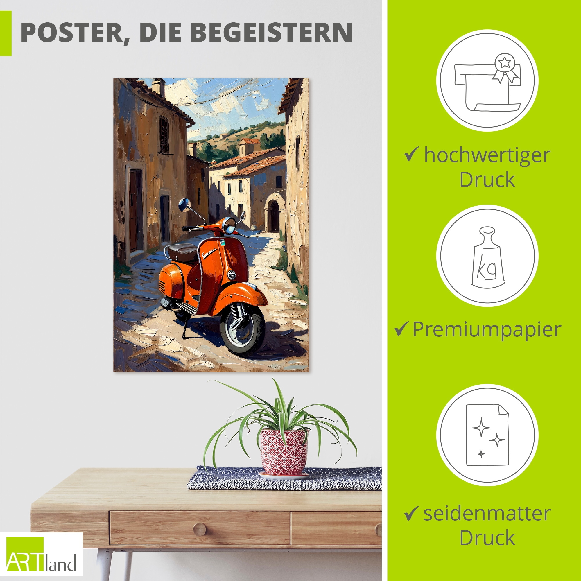Artland Wandbild »Roter Motorroller im Süden von Italien« 1 Stk. tlg. als Alubild, Leinwandbild, Poster, Wandaufkleber in verschied. Größen