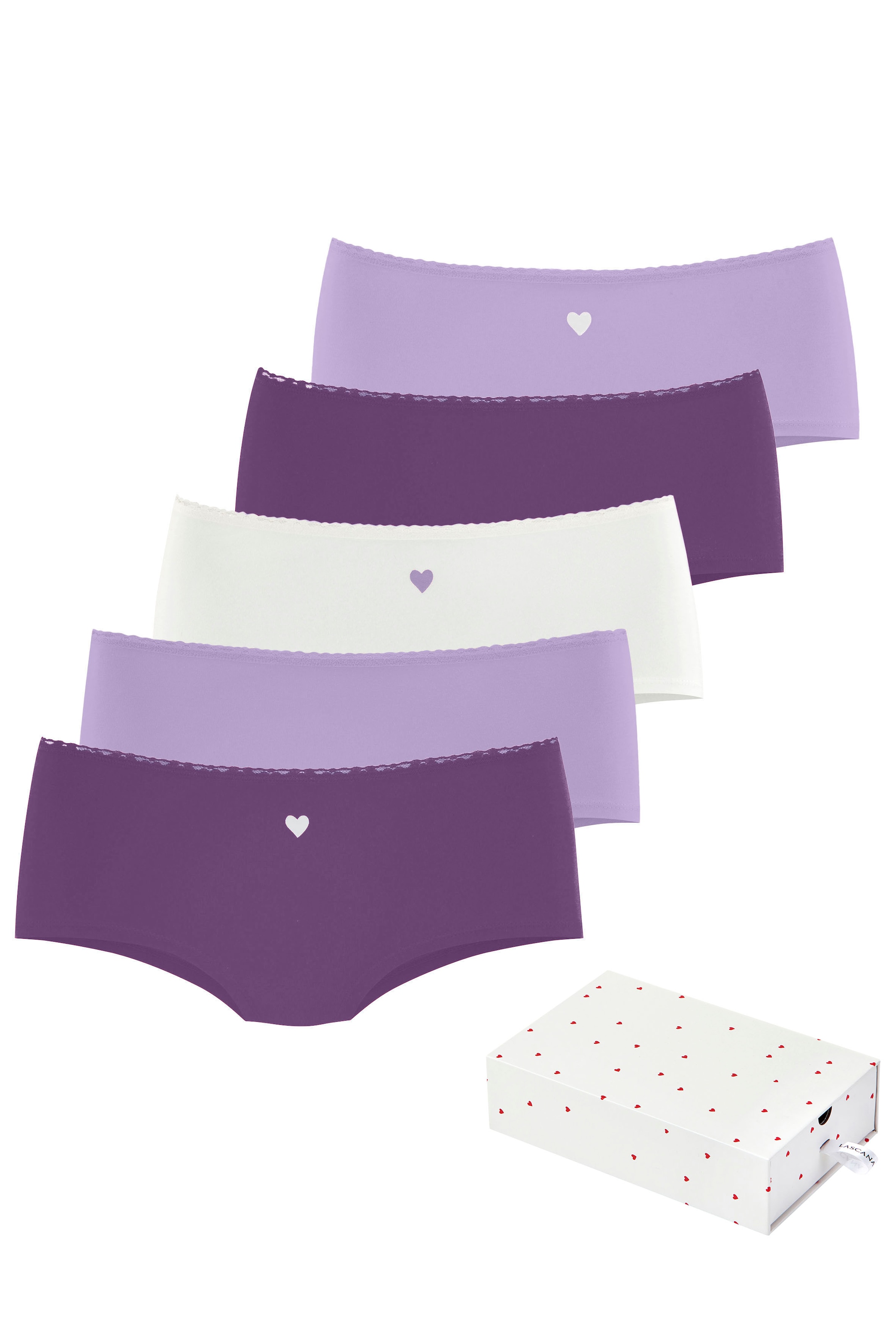 LASCANA Panty "Geschenk Box" 5er-Pack, mit süßen Herzchen-Prints und aus elastischer Baumwoll-Qualität