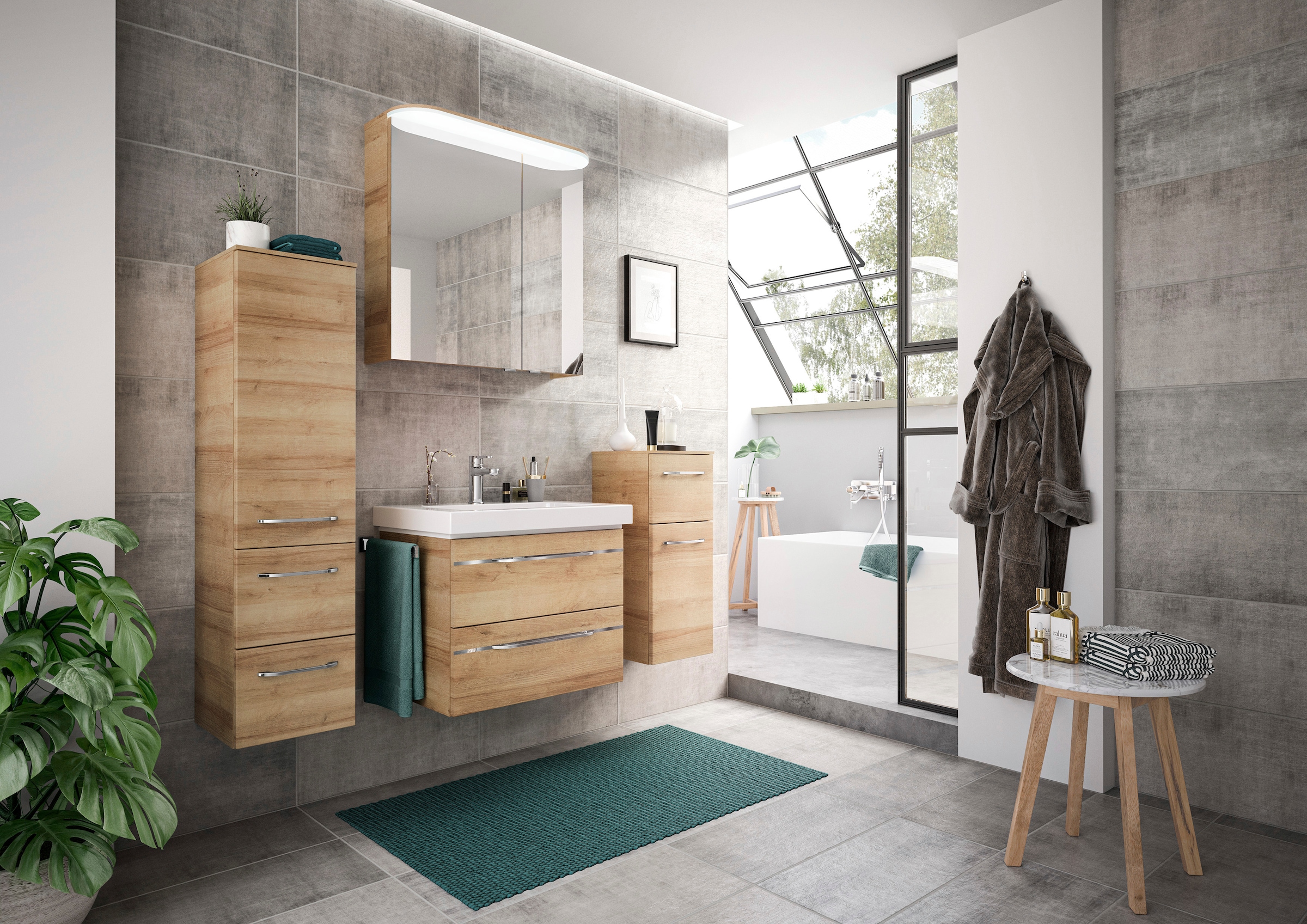 Saphir Badmöbel-Set »Balto Sprint 4-teilig, Mineralmarmor-Waschtisch mit LED-Spiegelschrank«, (5 St.), mit Unterschrank, Midischrank, inkl. Türdämpfer, 4 Türen, 5 Schubladen