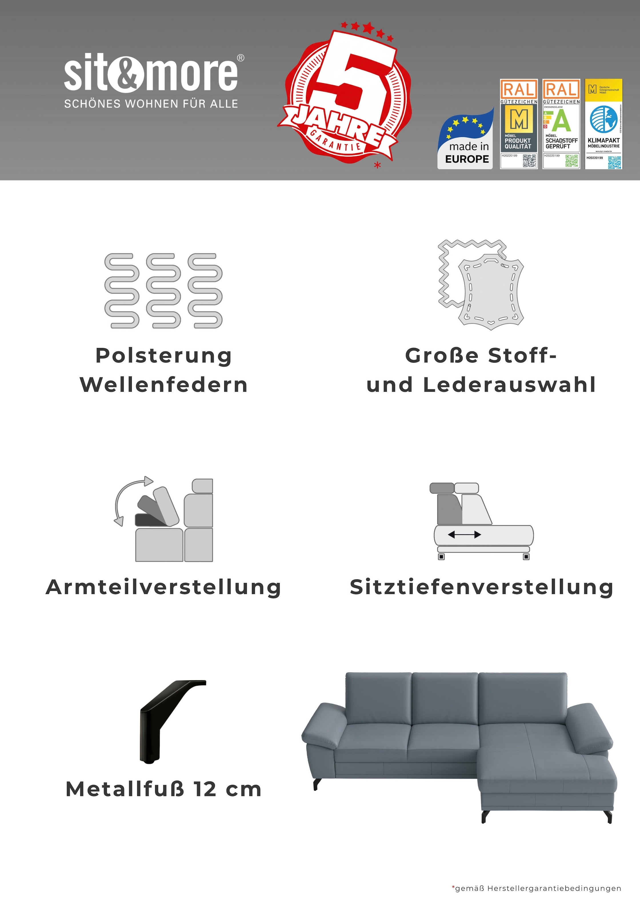 sit&more Ecksofa »Chelsea L-Form, B: 264 cm, Armteil- & Sitztiefenverstellung, Leder« Couch optional mit Schlaffunktion und Bettkasten, Sitzhöhe 45 cm