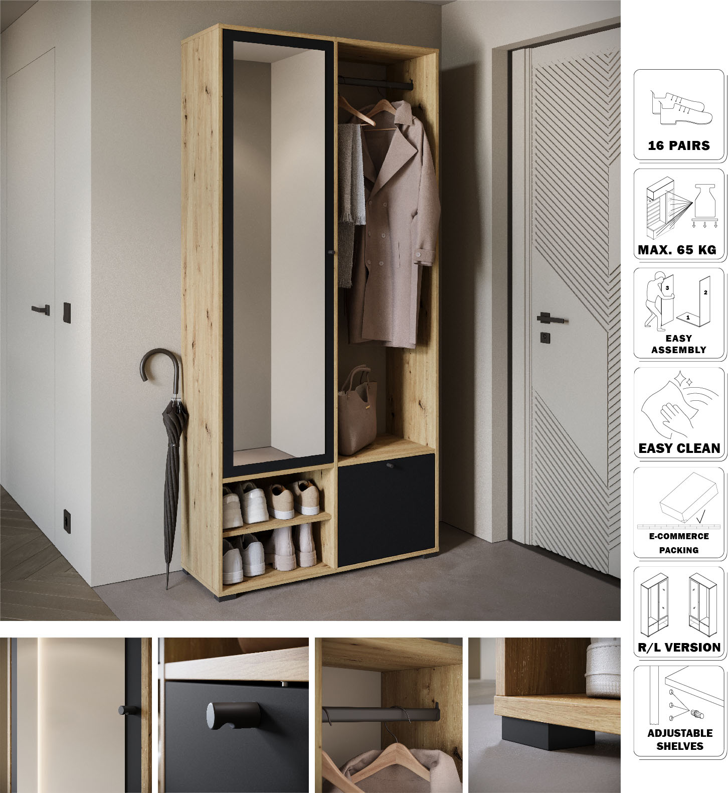 Thumbnail - INOSIGN Garderobenschrank "DINO Kompaktgarderobe, Garderoben-Set DINO" Mit Spiegel und Kleiderstange, 90 cm breit, Türan...