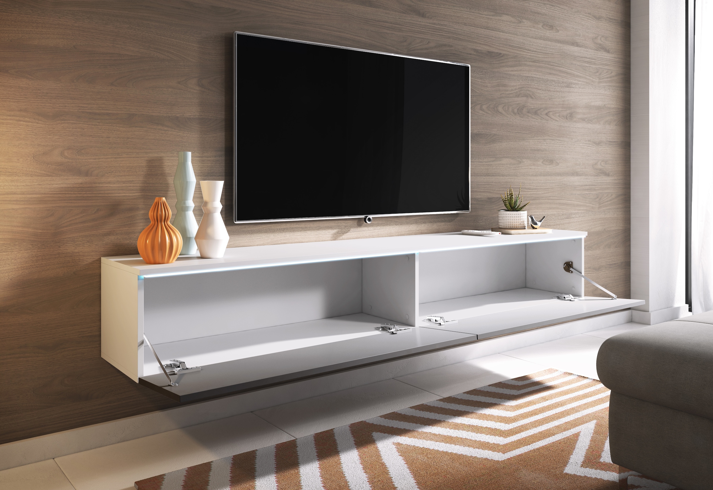 INOSIGN Lowboard »LOWBOARD VERA, wahlweise mit oder ohne Beleuchtung«, Modernes griffloses TV-Board, 180 cm TV-Schrank, stehend und hängend