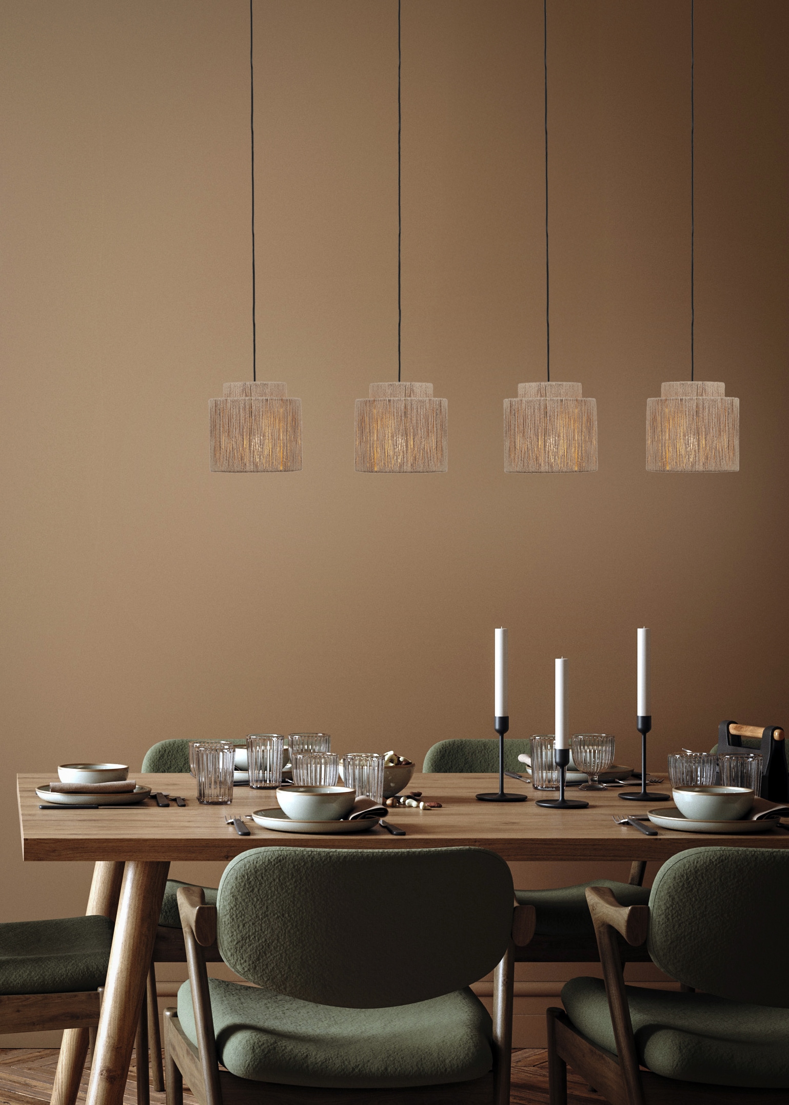 TRIO Leuchten Pendelleuchte »SMILLA, 4-flammige Hängelampe mit Jute Lampenschirmen Breite 121cm« E27 1 Stk. warmweiß - kaltweiß Höhe max 150 cm, exkl 4x E27 max 10W, Hängeleuchte Esstisch Küche